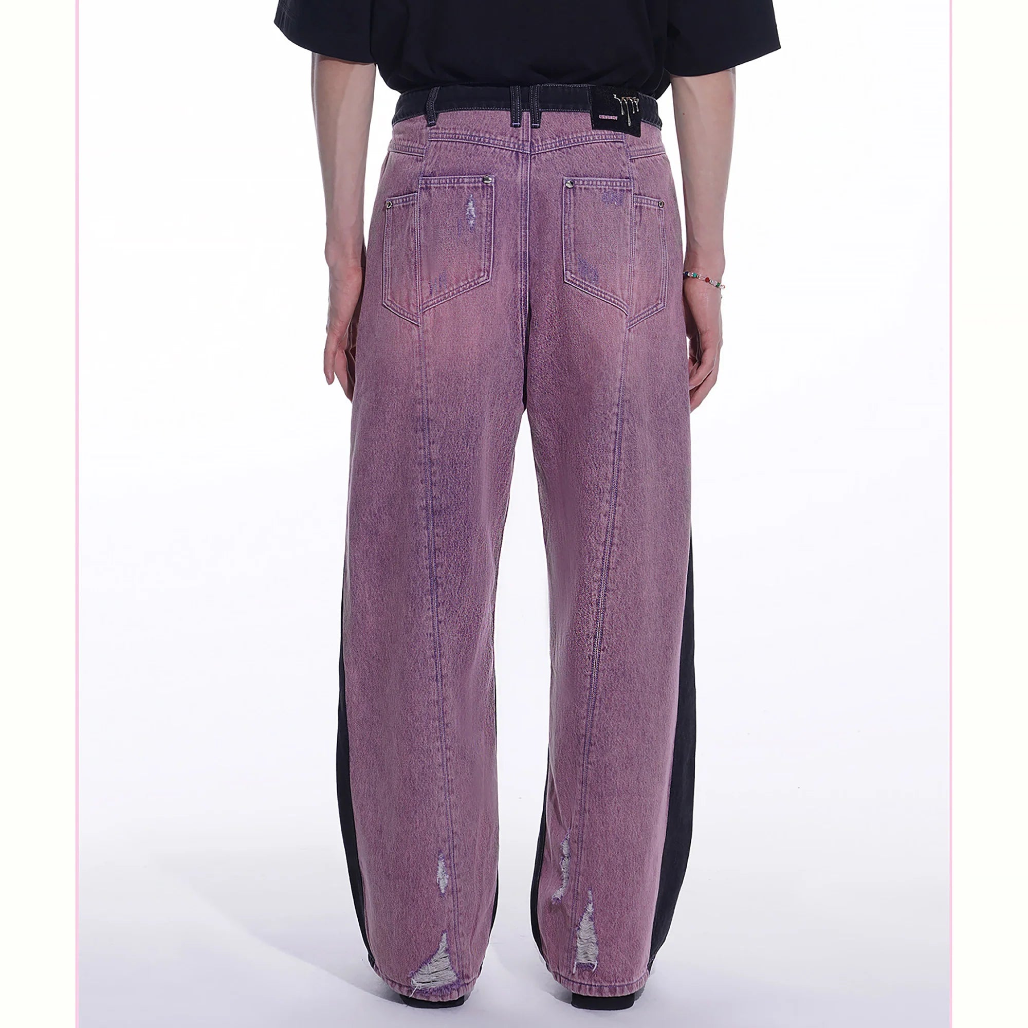 TIWILLTANG Distressed Contrast Paneled Wide-Leg Jeans