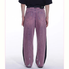 TIWILLTANG Distressed Contrast Paneled Wide-Leg Jeans