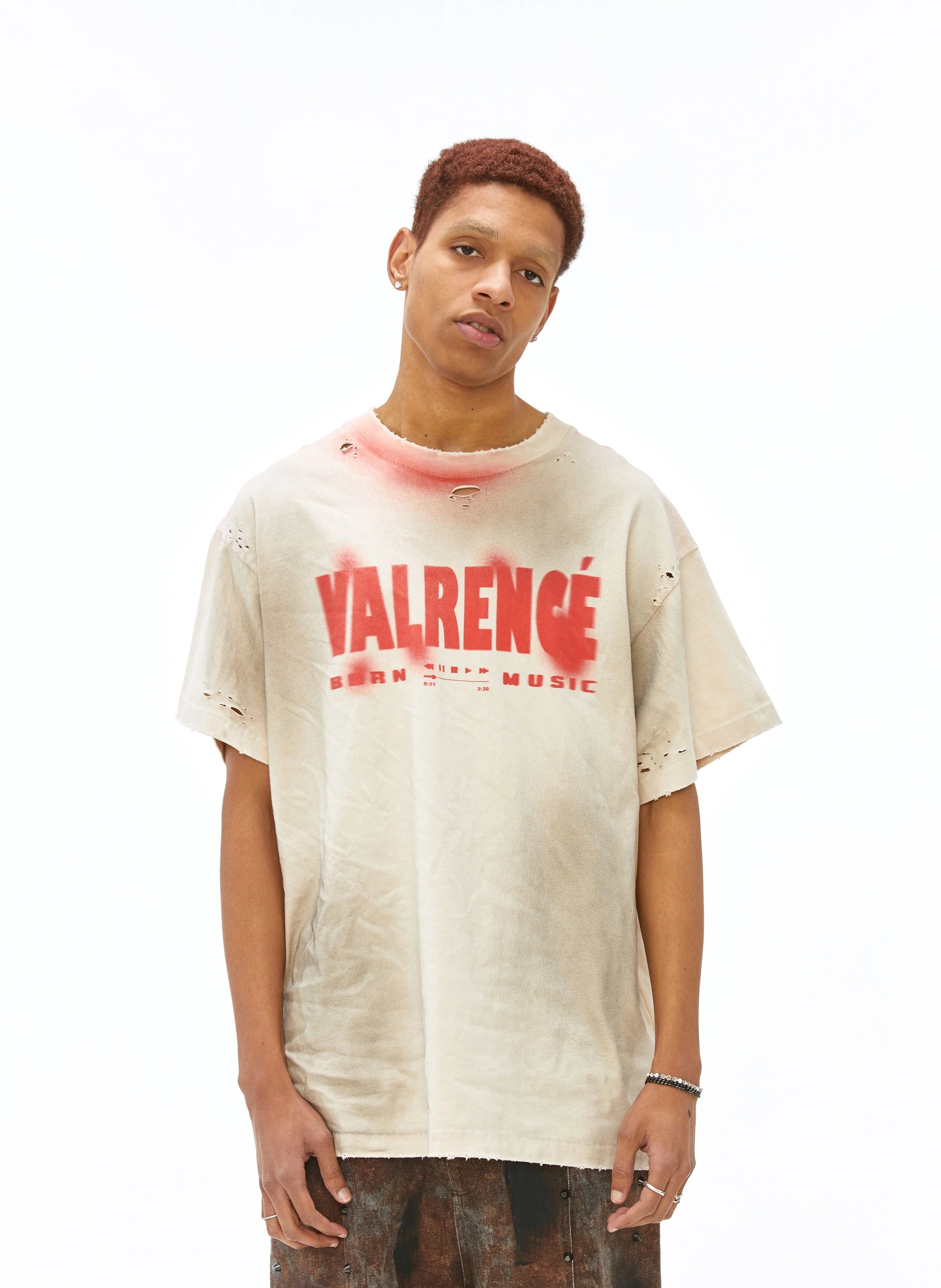 VANN VALRENCE Distressed Washed Spray Faded LOGO T-Shirt