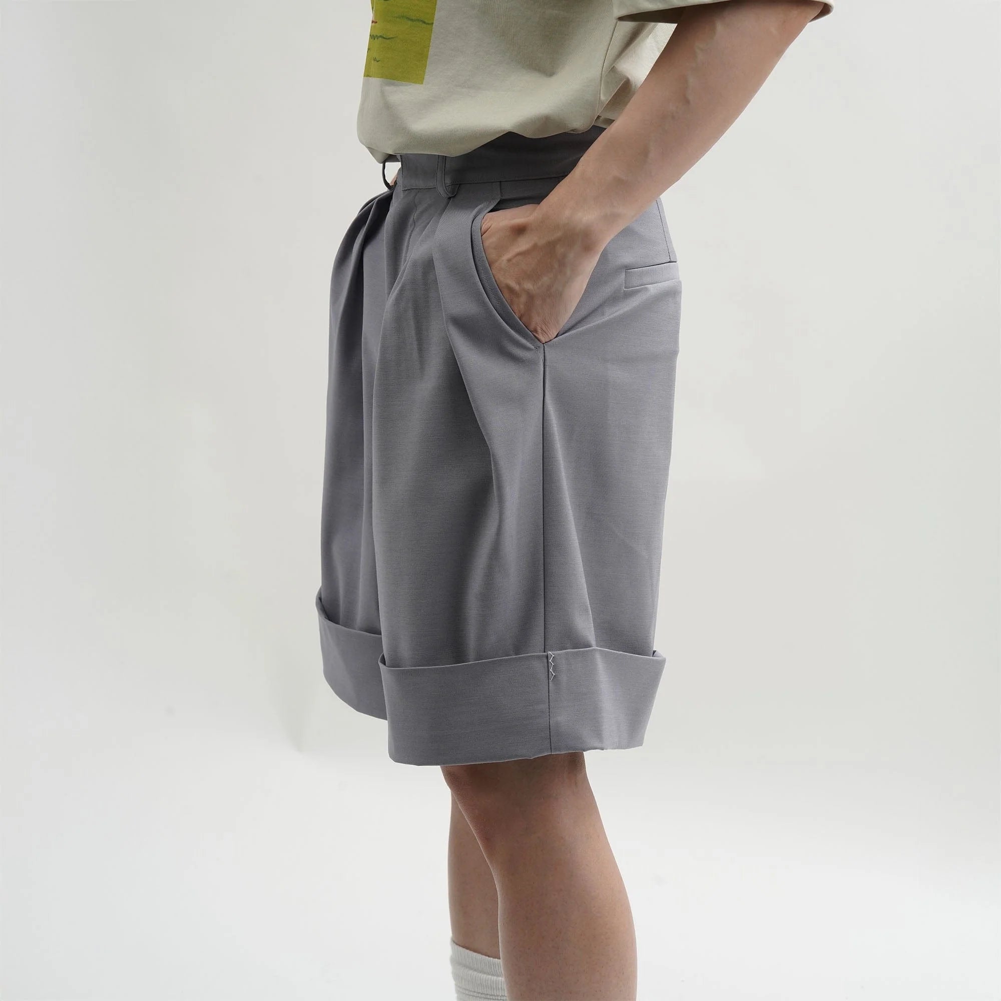 ORAL UTOPIA Essential Pleated Acetate Cuffed Shorts