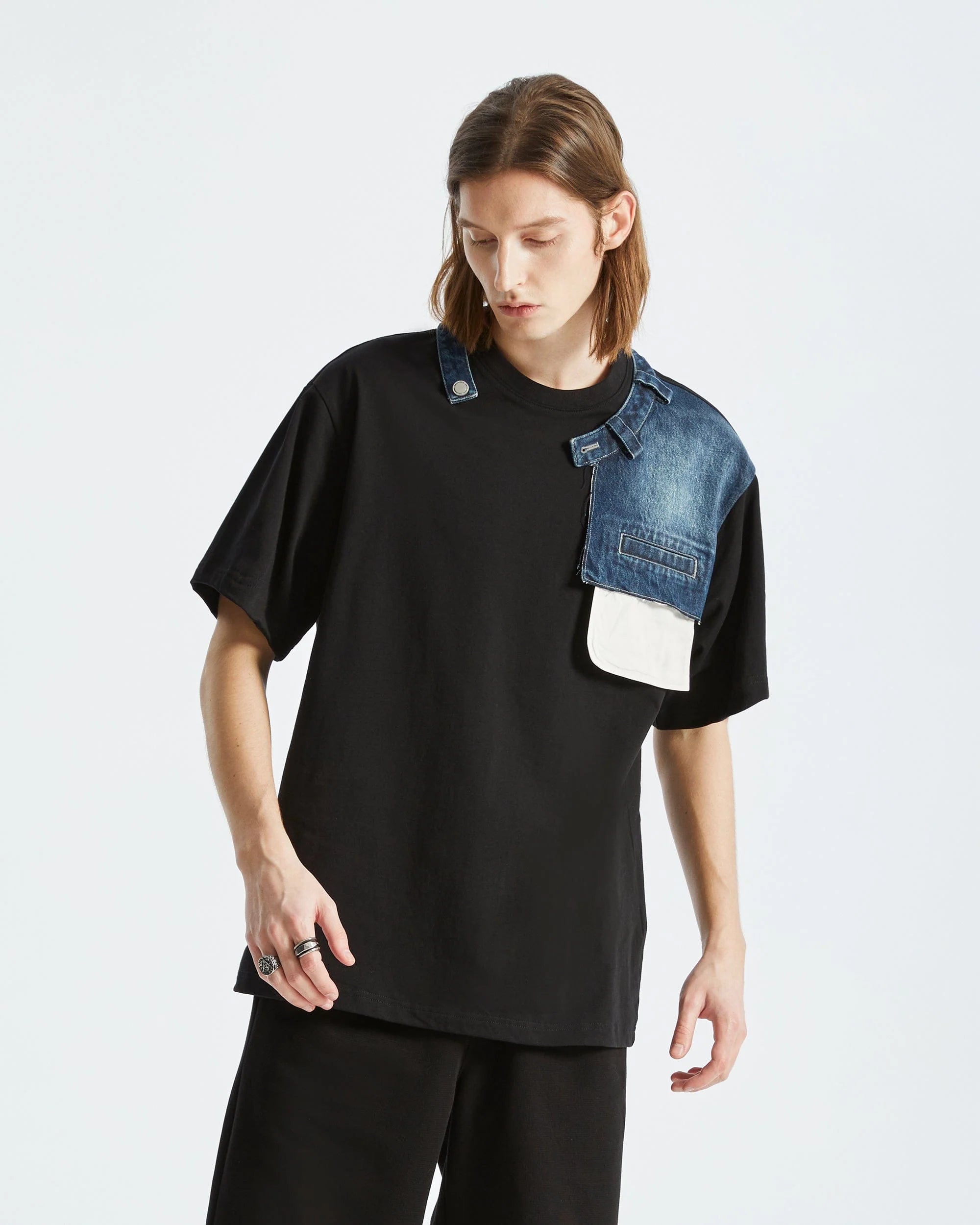 ORGANIC EMOTION Deconstructed Denim Shorts Spliced T-Shirt