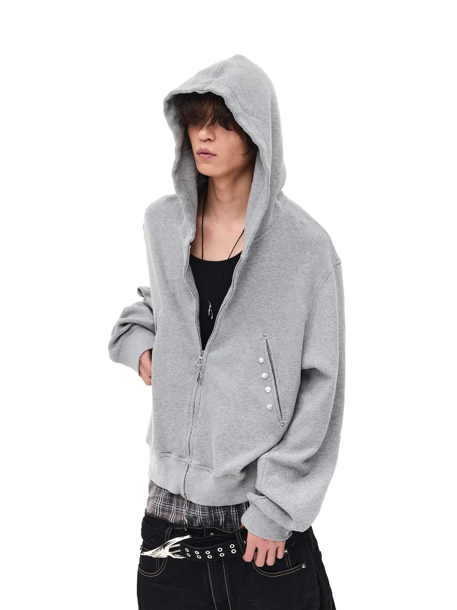 WHISTLEHUNTER Washed Waffle Studded Zip-Up Hoodie