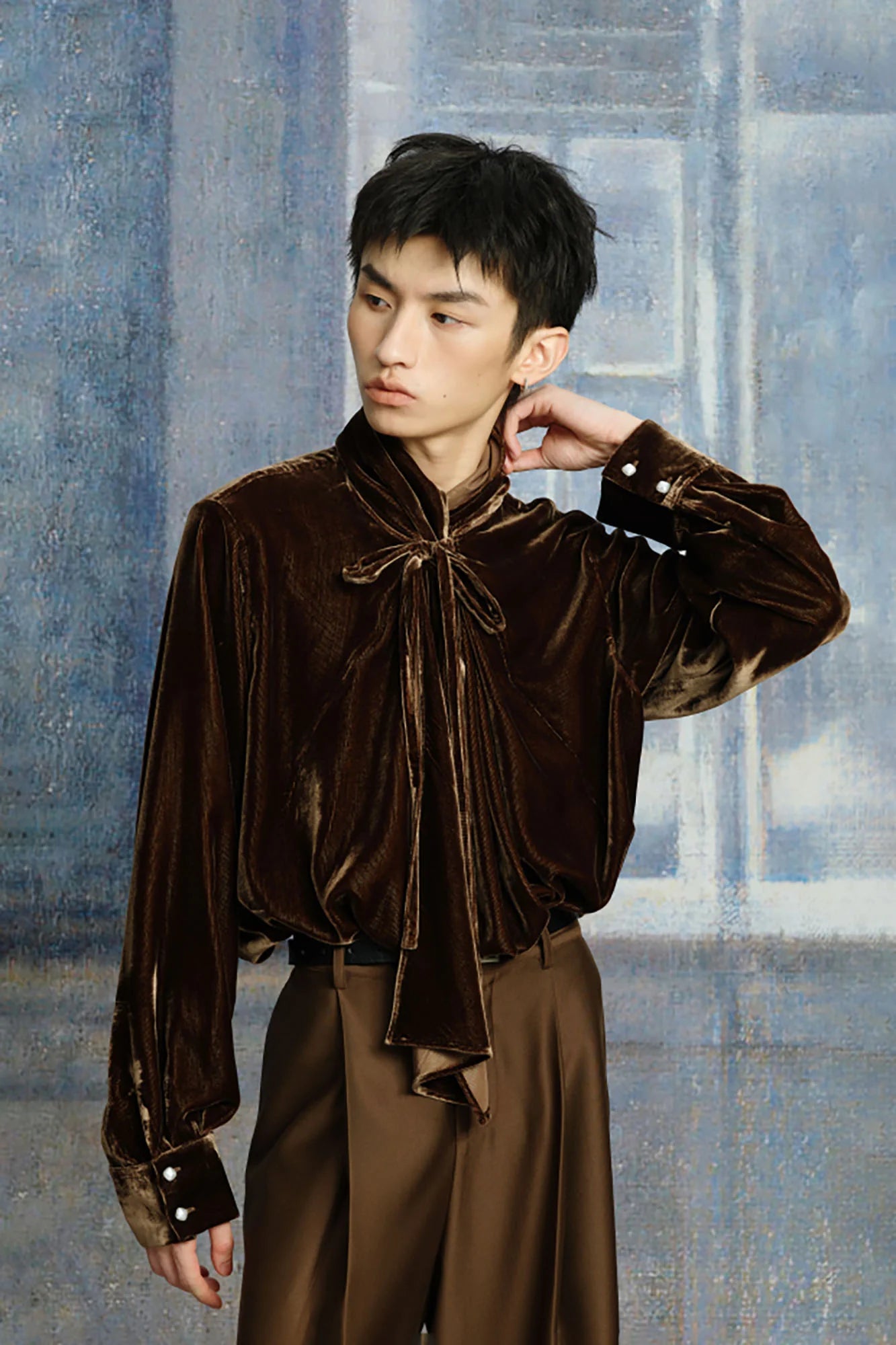 TUIMU Velvet Bow-Tie Blouse