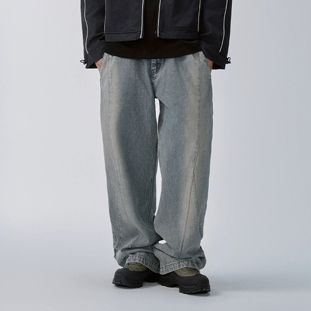 F2CE Washed Panel Adjustable-Hem Denim Pants