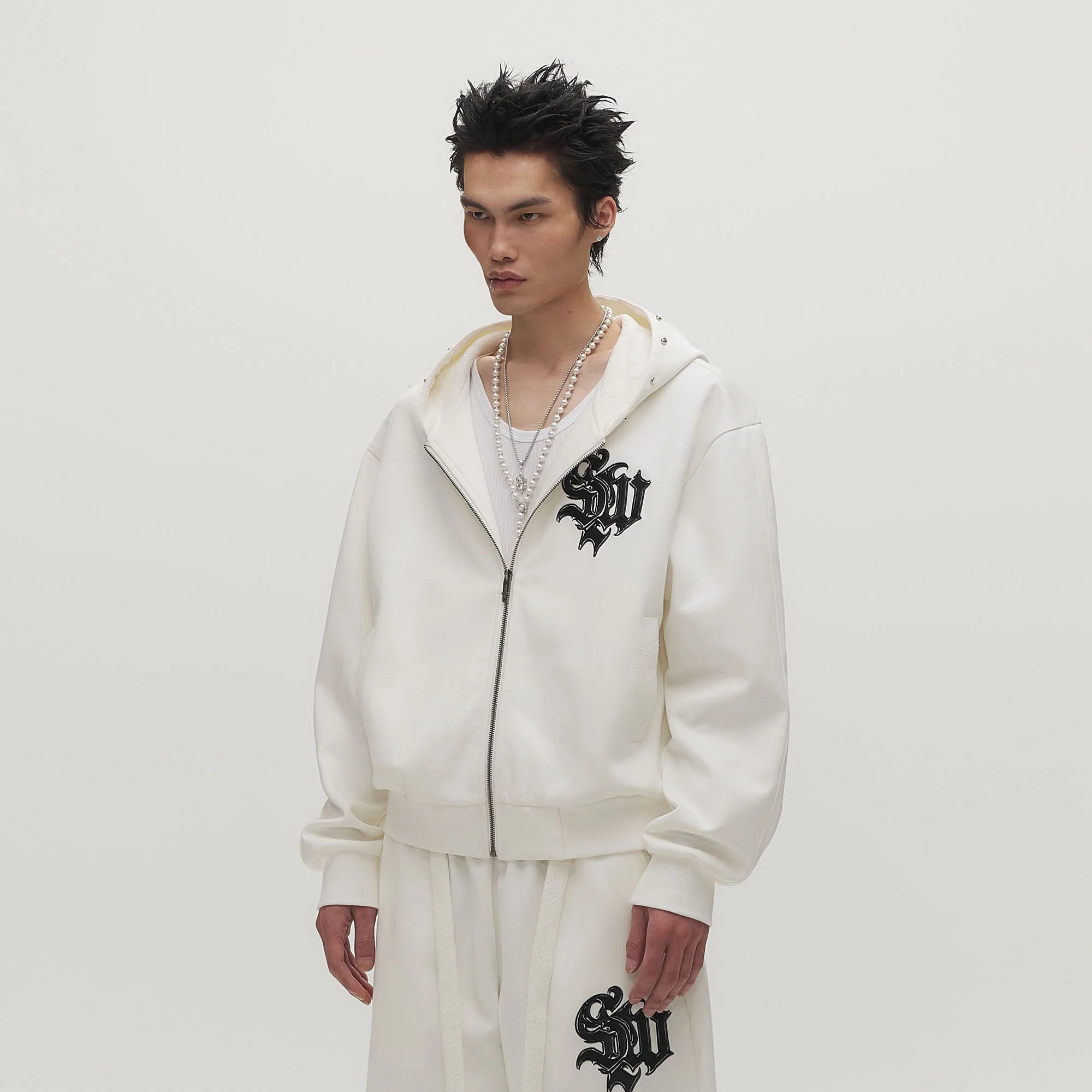 SAVAGEGROWTHWORLD Gothic Lettering Embroidered Zip-Up Hoodie