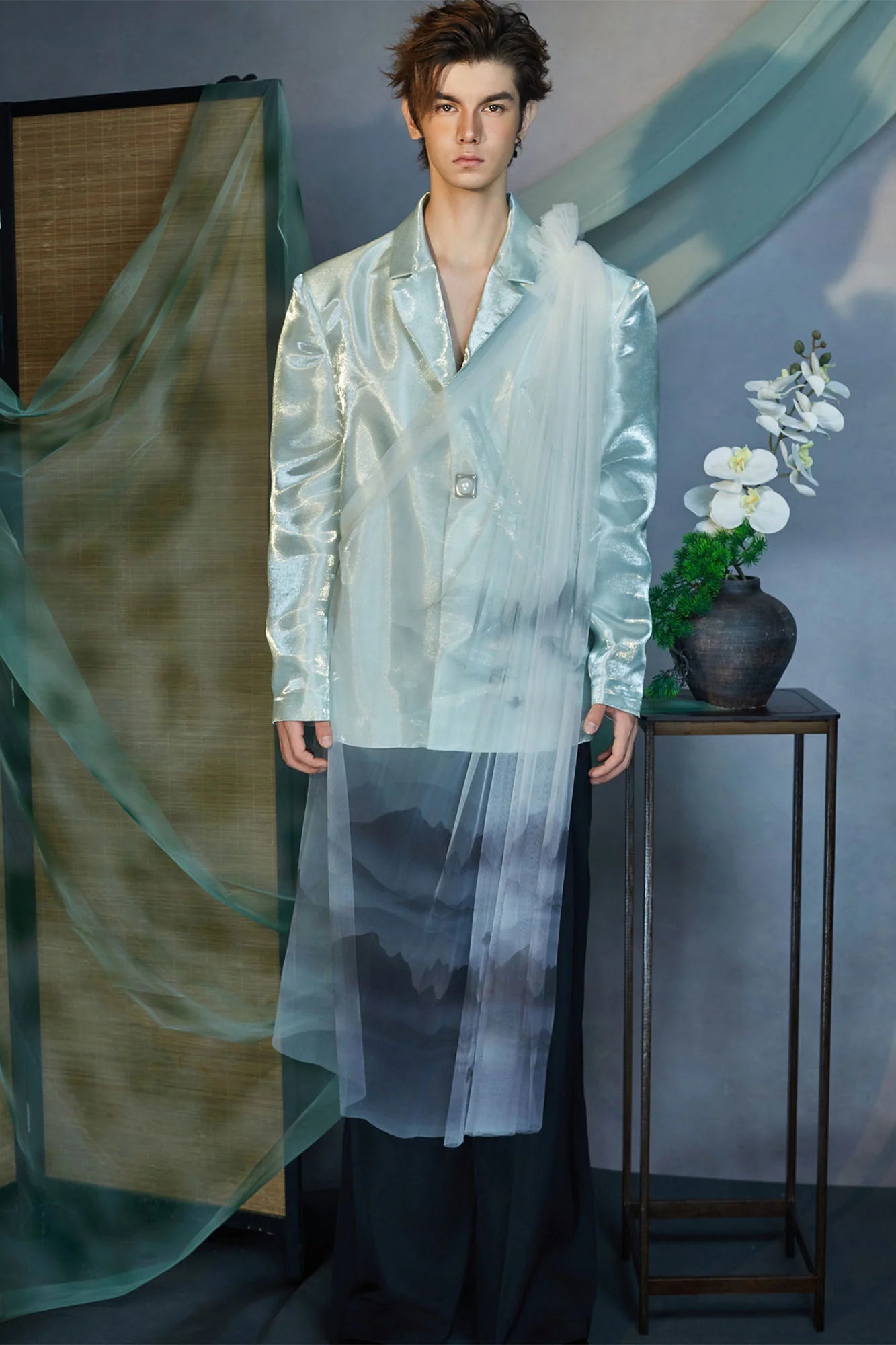 JIECHI Gradient Tulle Drape Satin Blazer