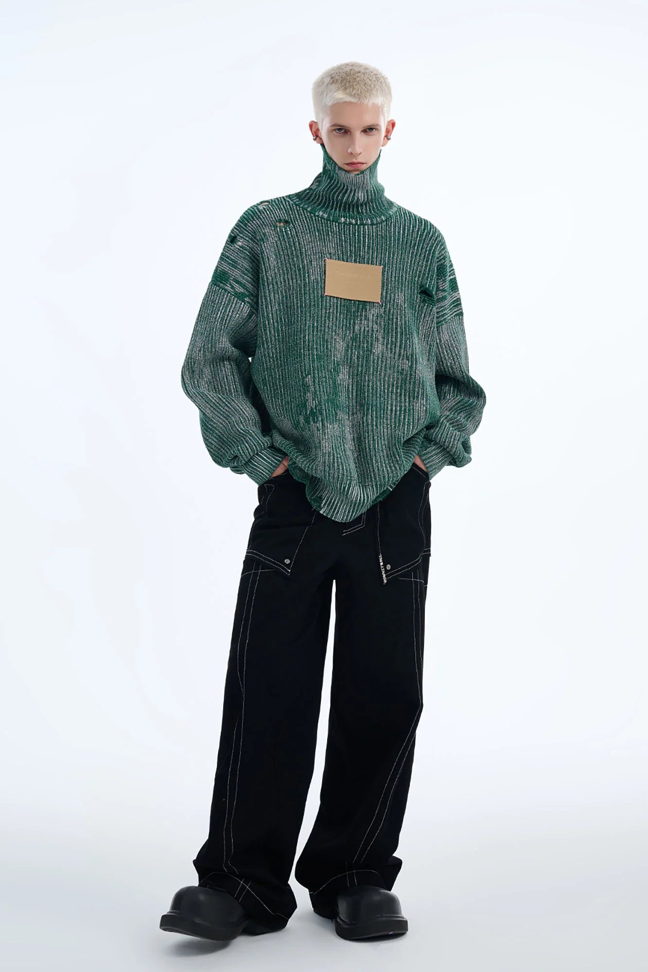 TIWILLTANG Distressed Foil High-Neck Sweater