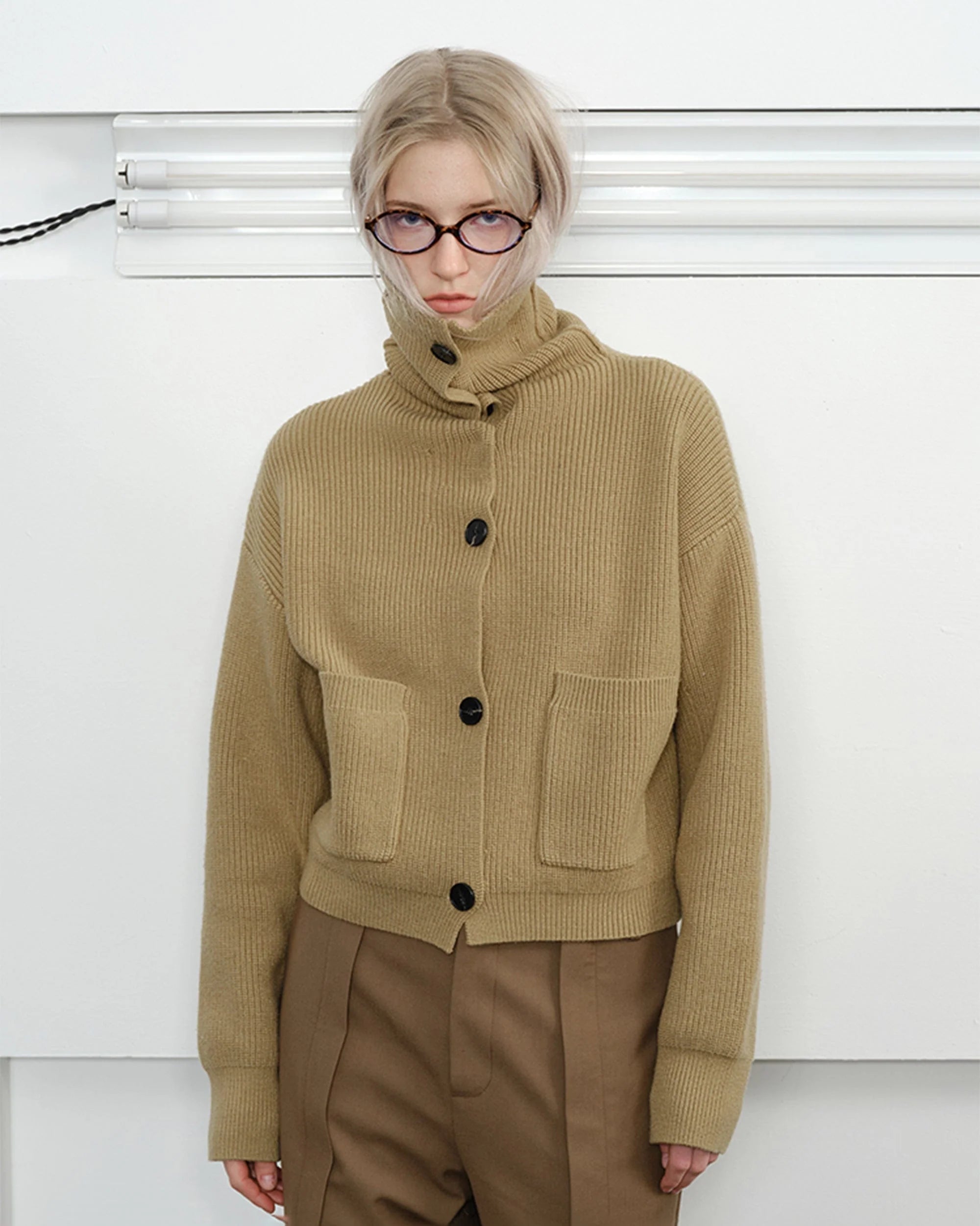 KREATE High-Collar Big-Pocket Button-Up Knitted Jacket