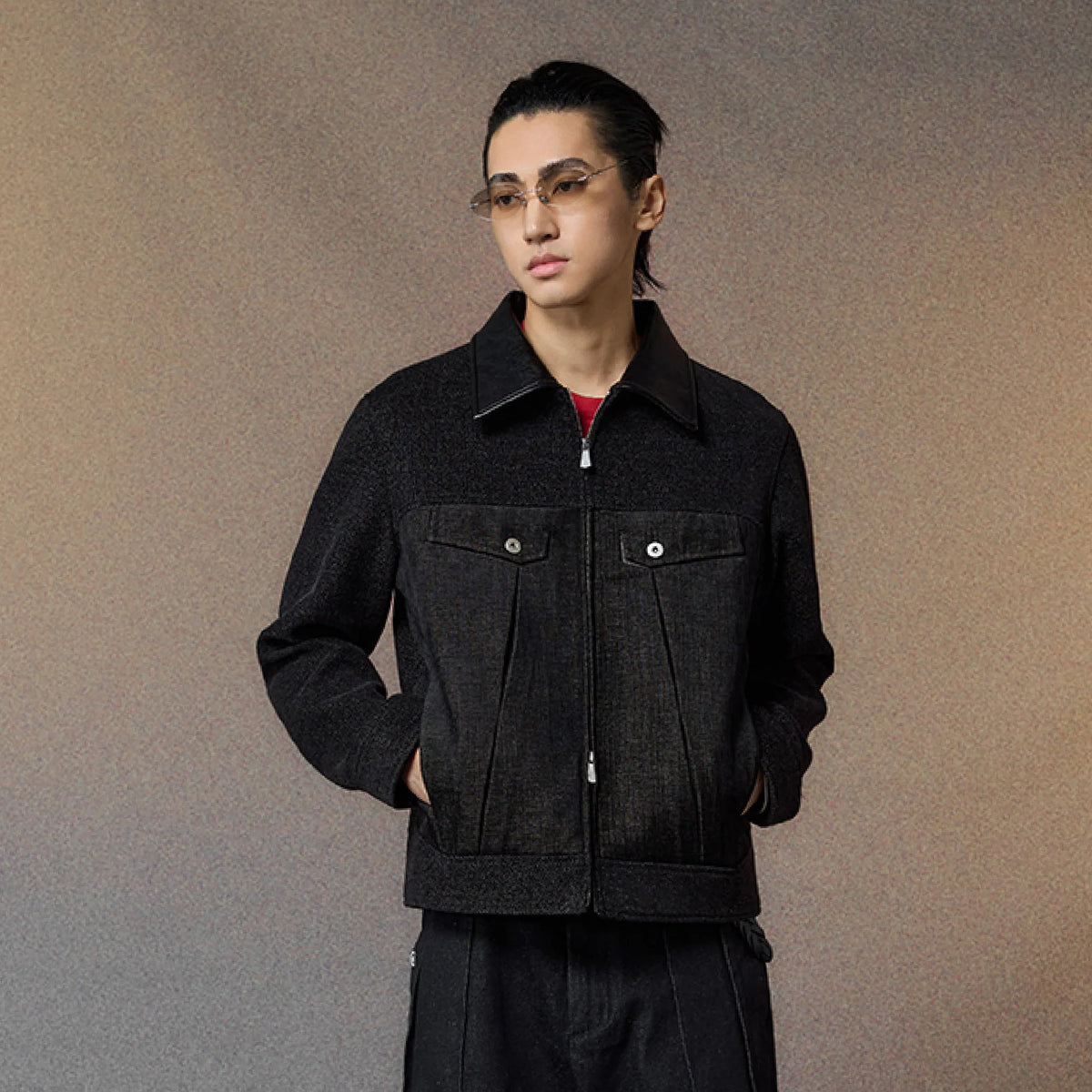 ALVNG AR ANTS Tweed Panelled PU-Collar Jacket