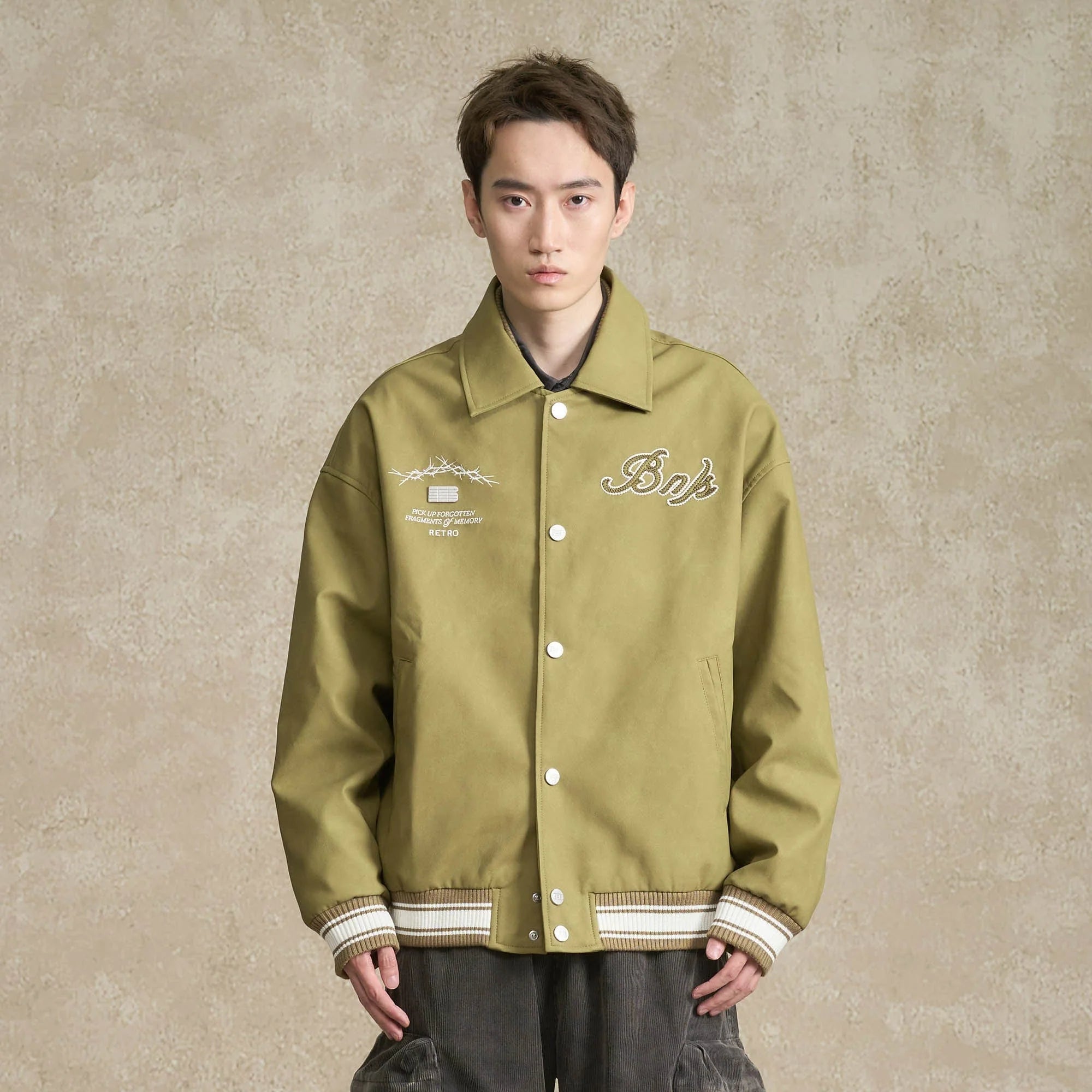 BONELESS Embroidered Logo PU Varsity Jacket