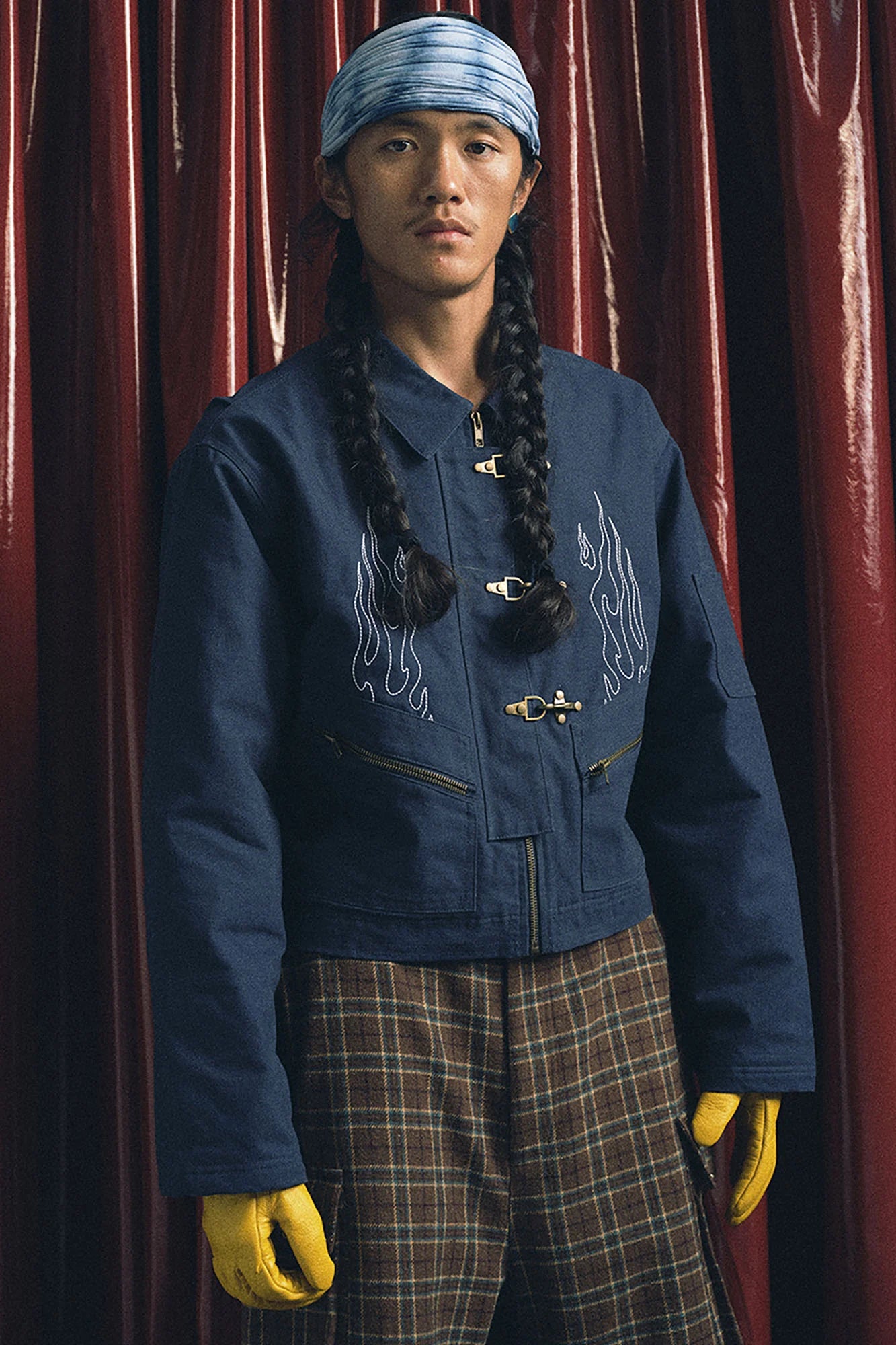 TRECLUB Flame Embroidered Hook Buckle Cropped Jacket