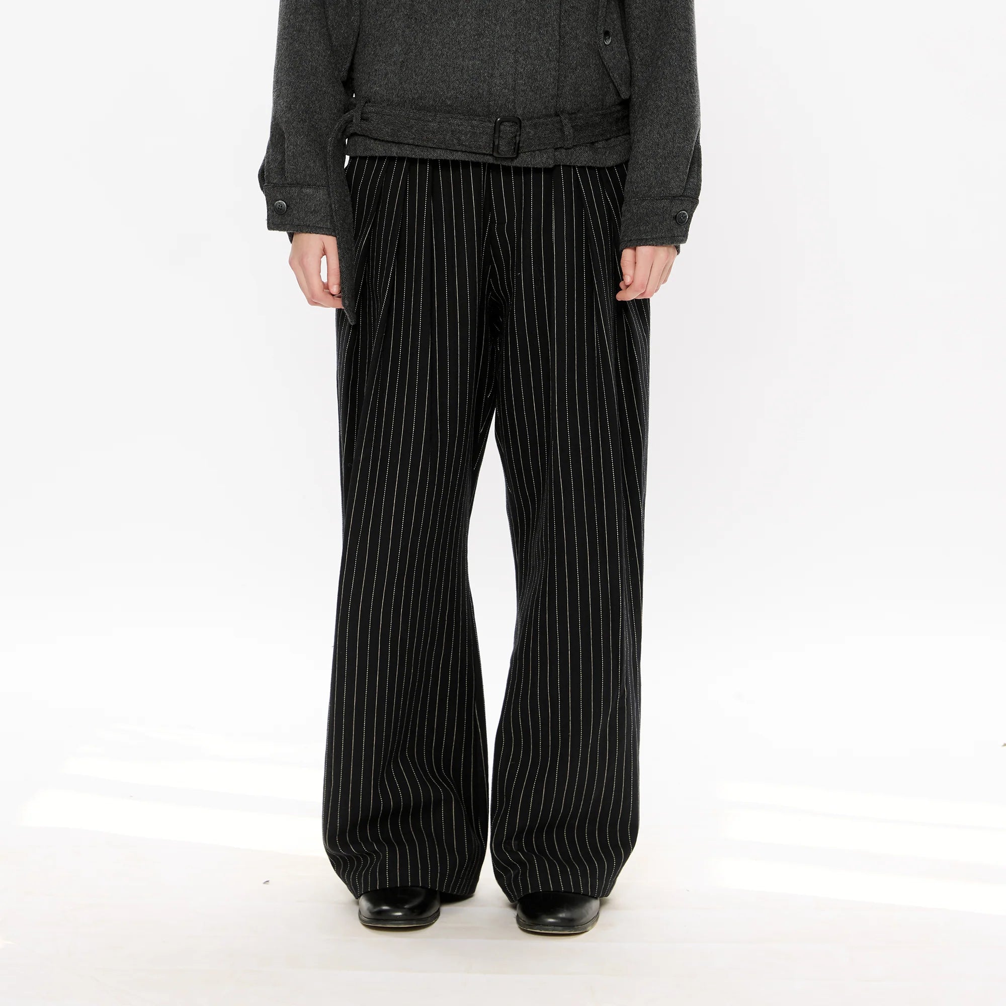 KREATE Pinstripe Pleated Draped Wide Trousers