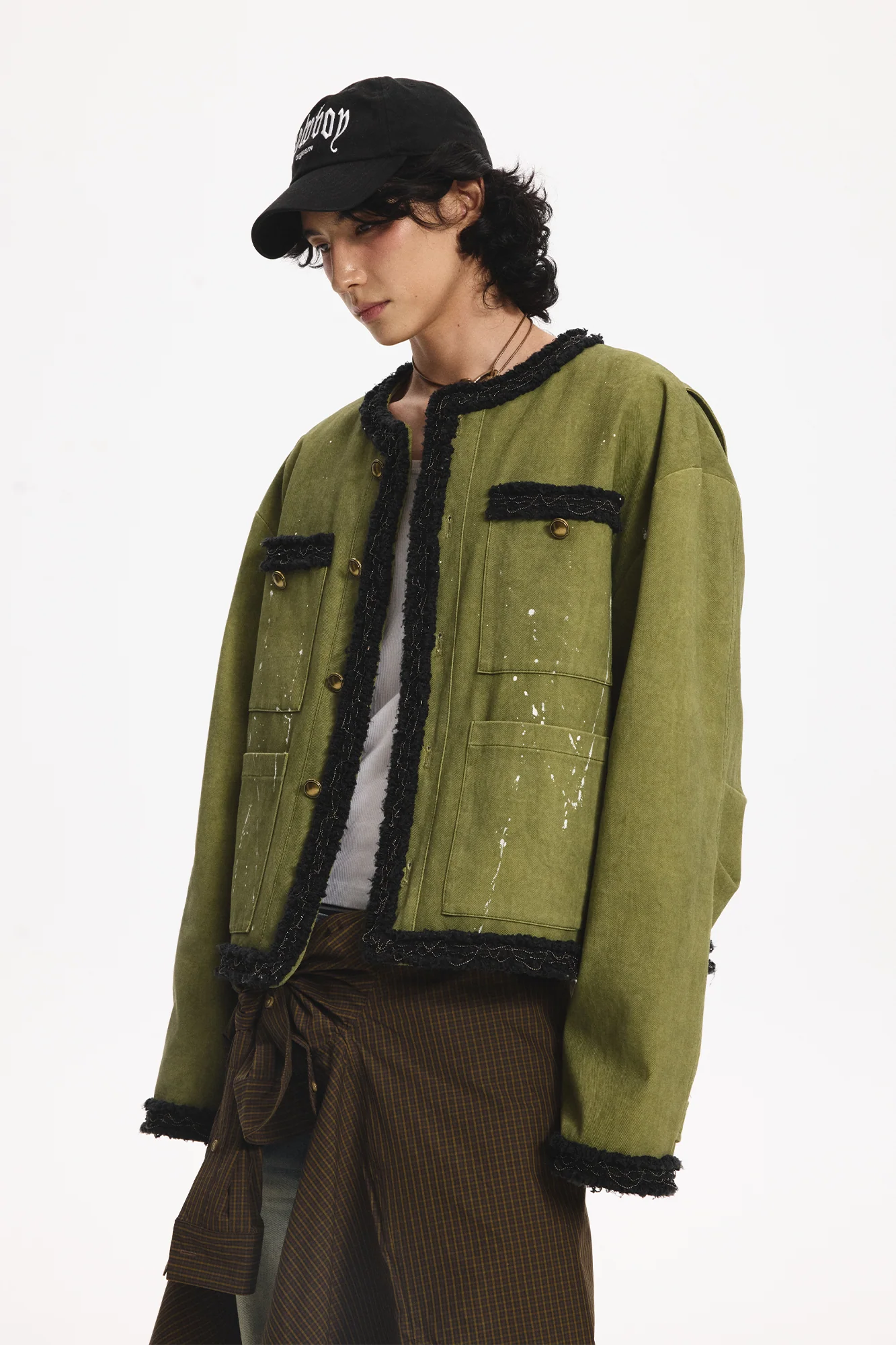 LEONSENSE Paneled Fleece Trim Paint-Splattered Jacket