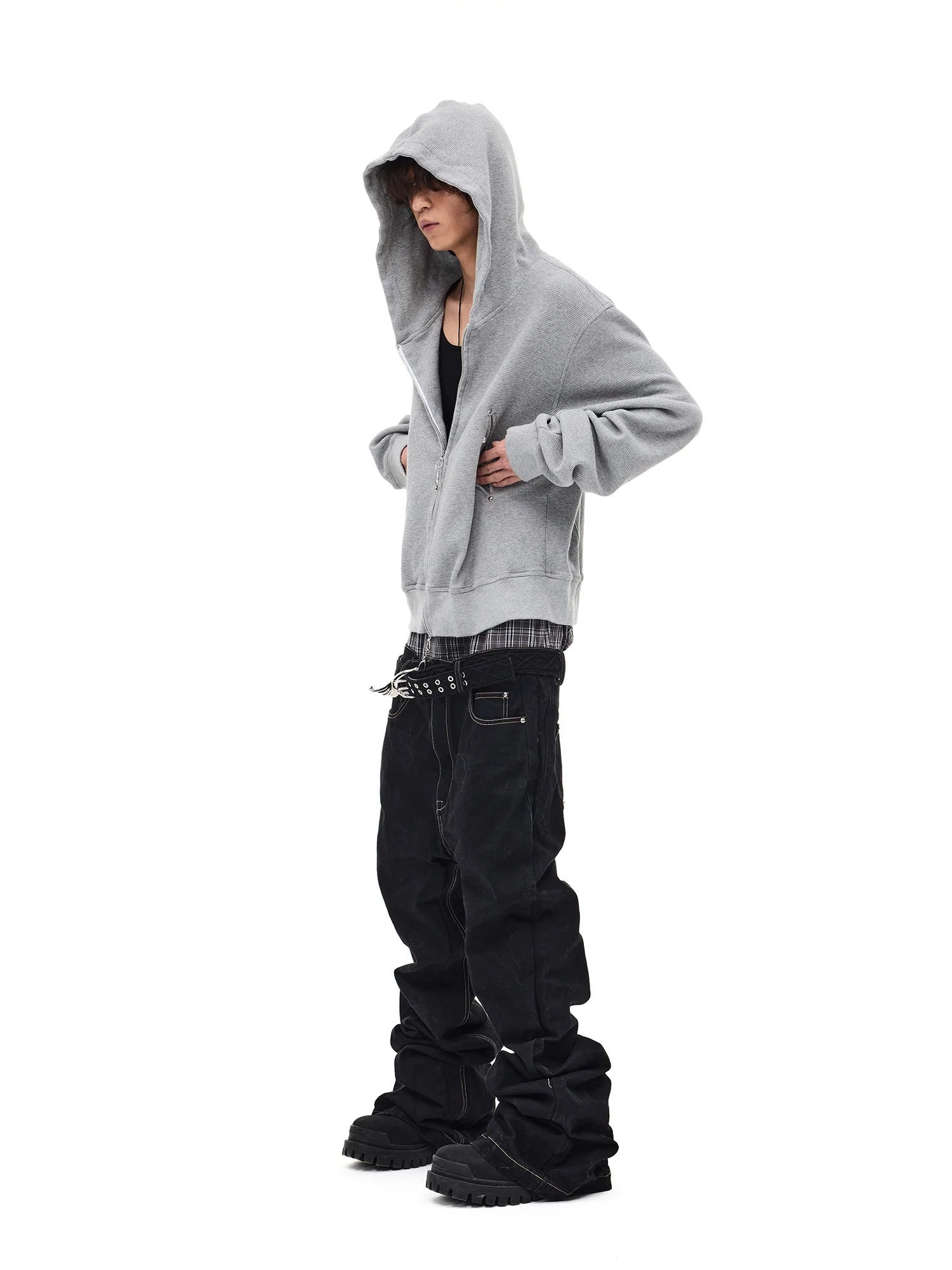 WHISTLEHUNTER Washed Waffle Studded Zip-Up Hoodie
