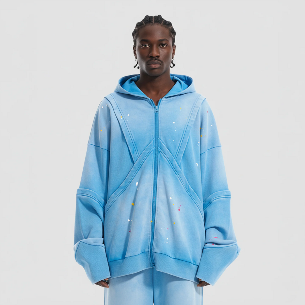 VANN VALRENCE Washed Paint-Splattered Paneled Zip Hoodie