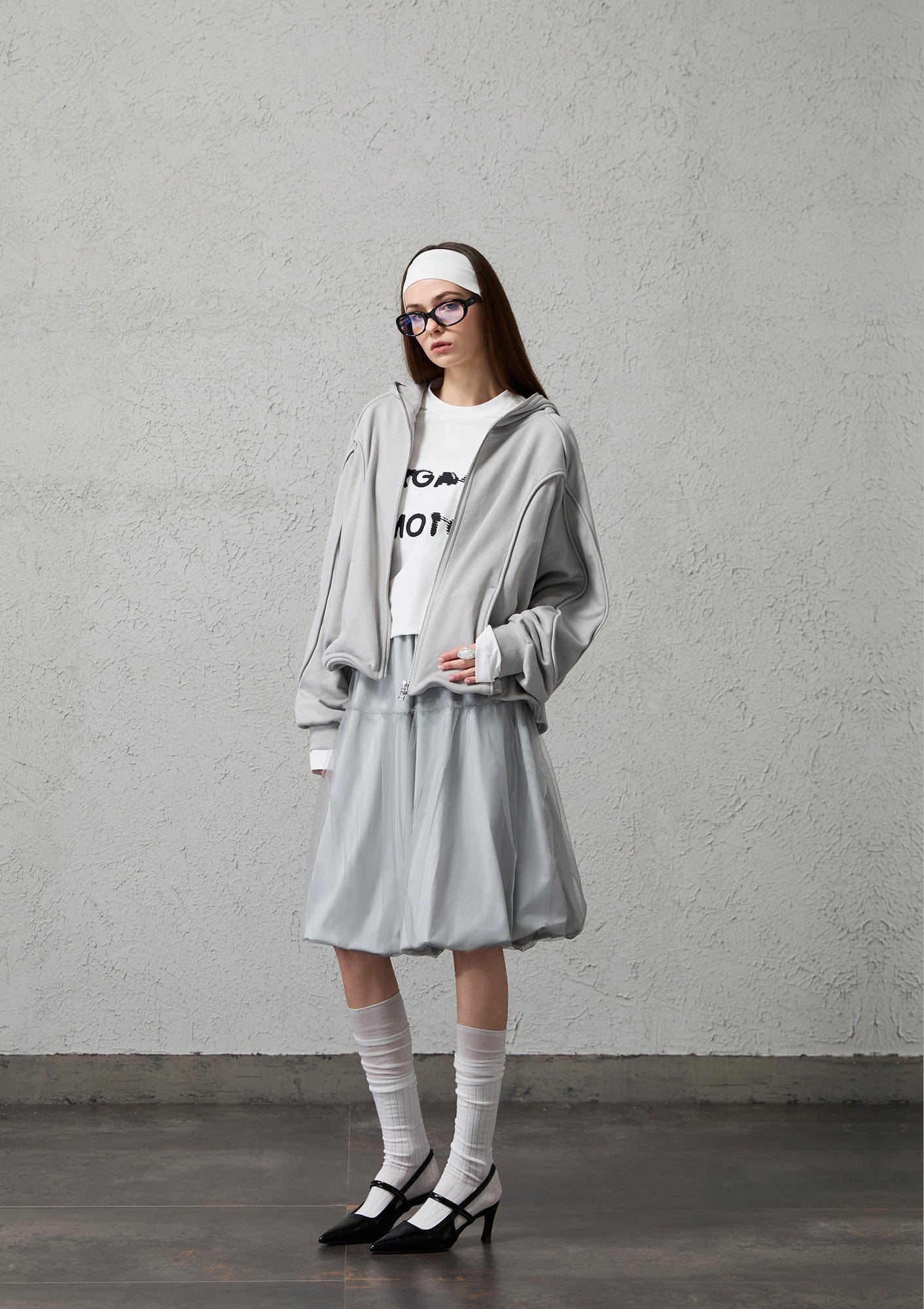 ORGANIC EMOTION Curved Panel Drawstring-Hem Zip-Up Hoodie