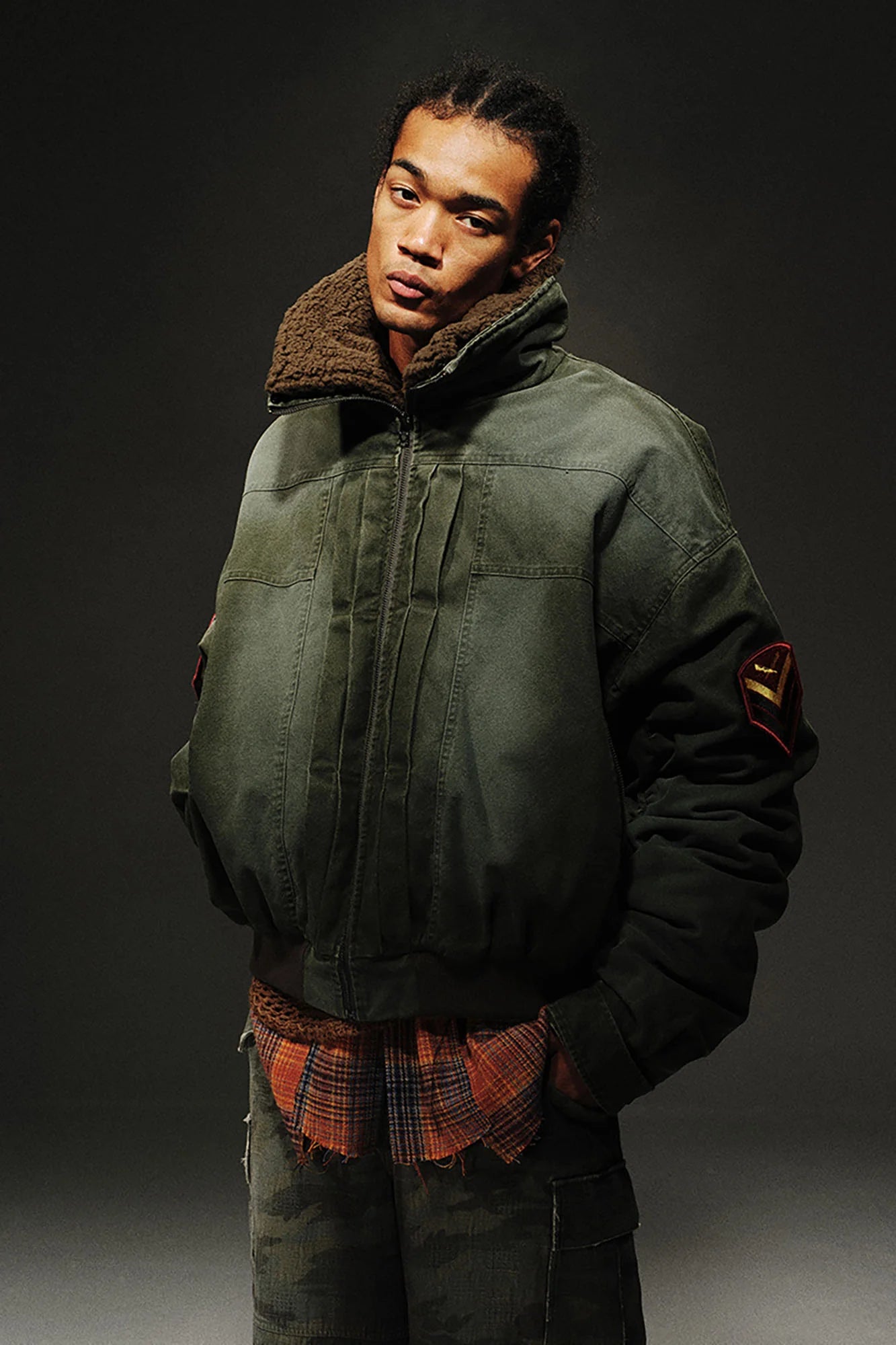 TRECLUB Distressed Patch Quilted Bomber