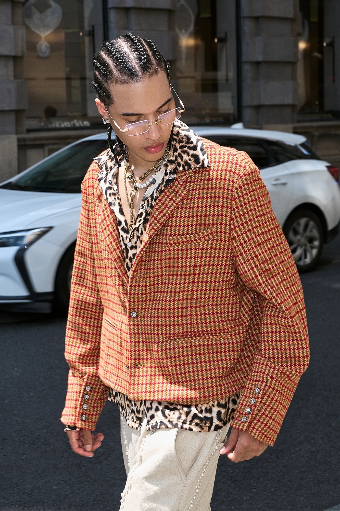 STEEPC Houndstooth Wool-Blend Stand-Collar Boxy Blazer
