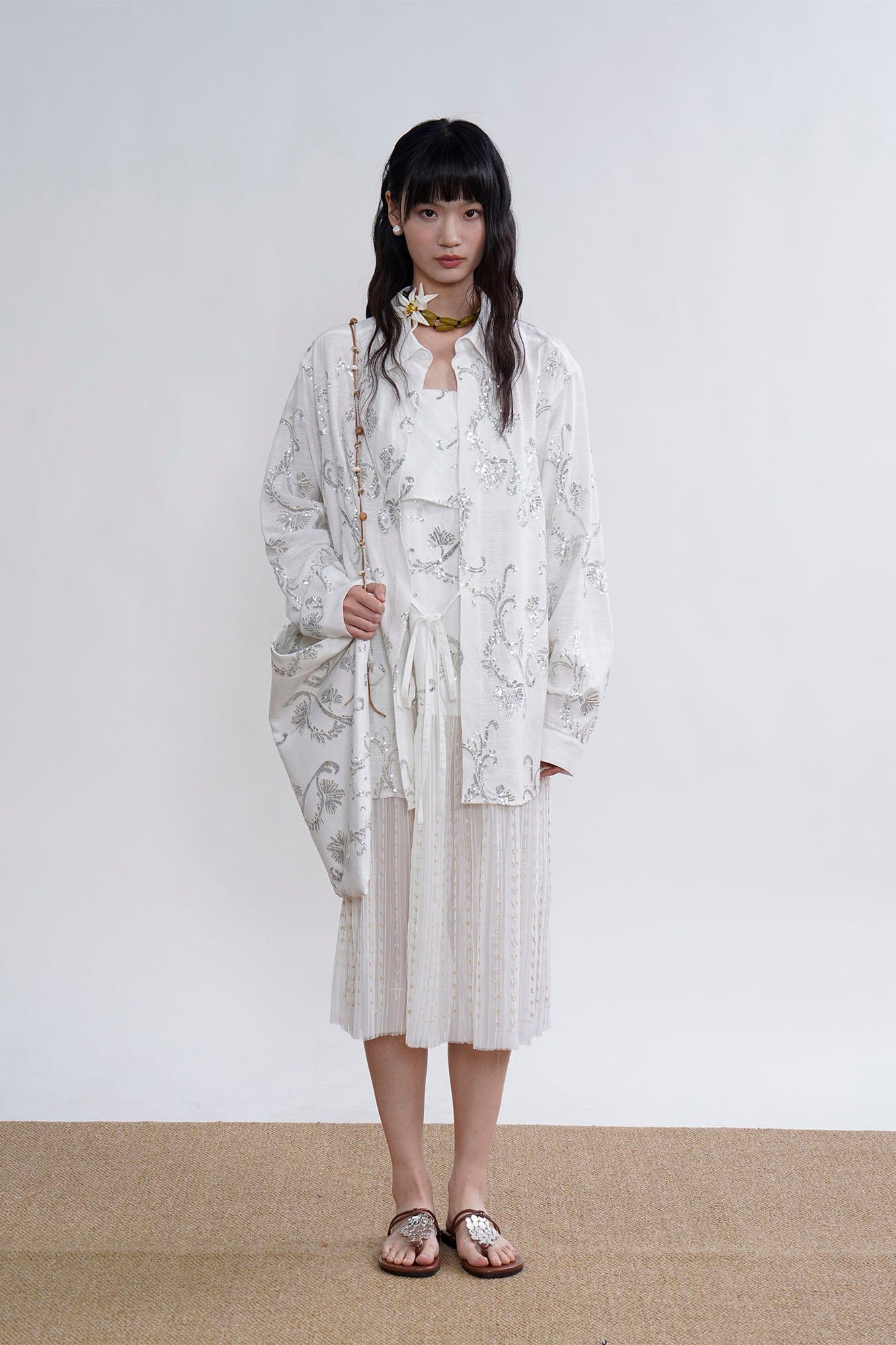 ORAL UTOPIA Ornate Sequin Embroidered Linen-Blended Tie Shirt