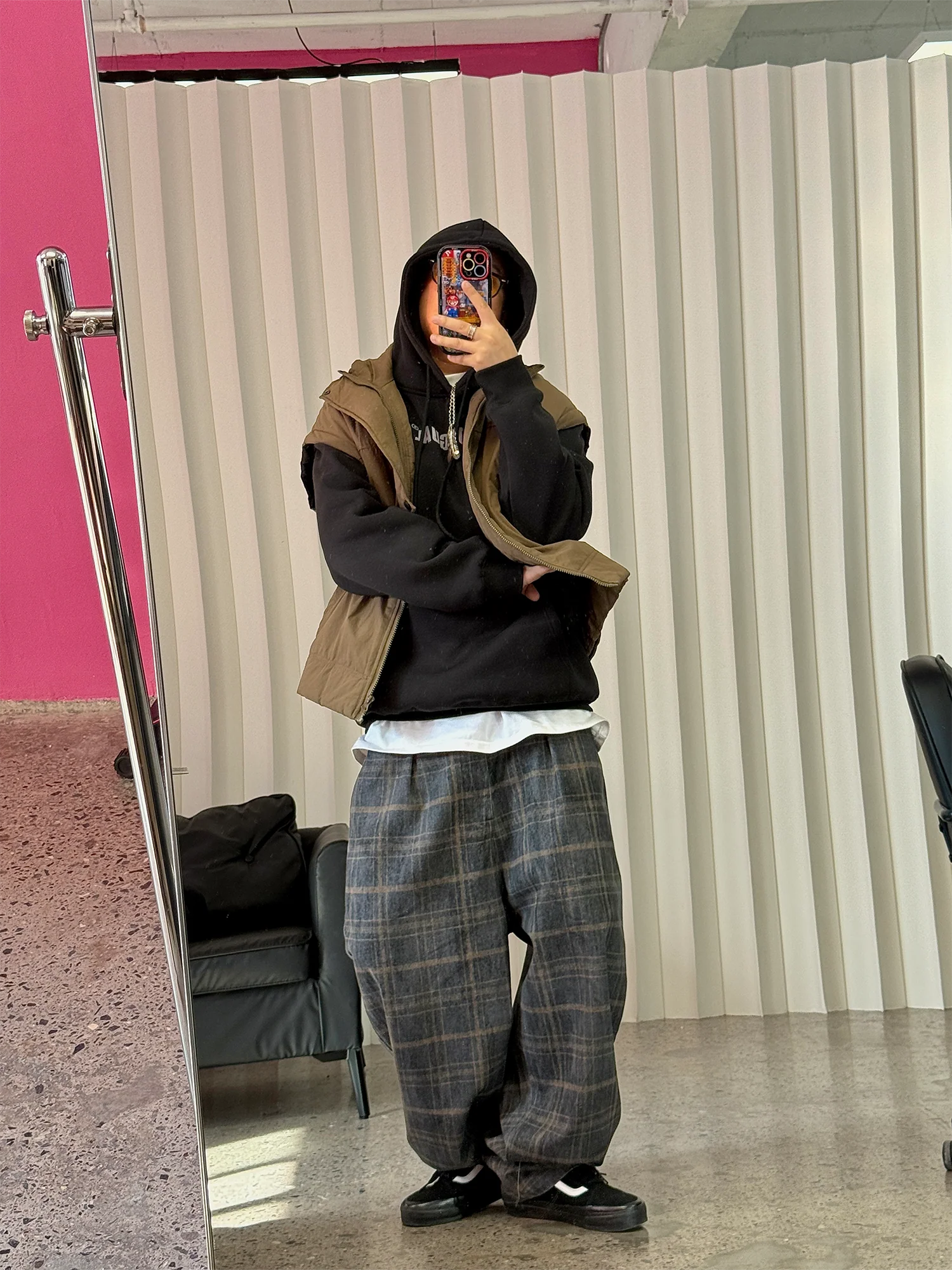 ME DA IGUAL Washed Plaid Tappered Pants Coffee