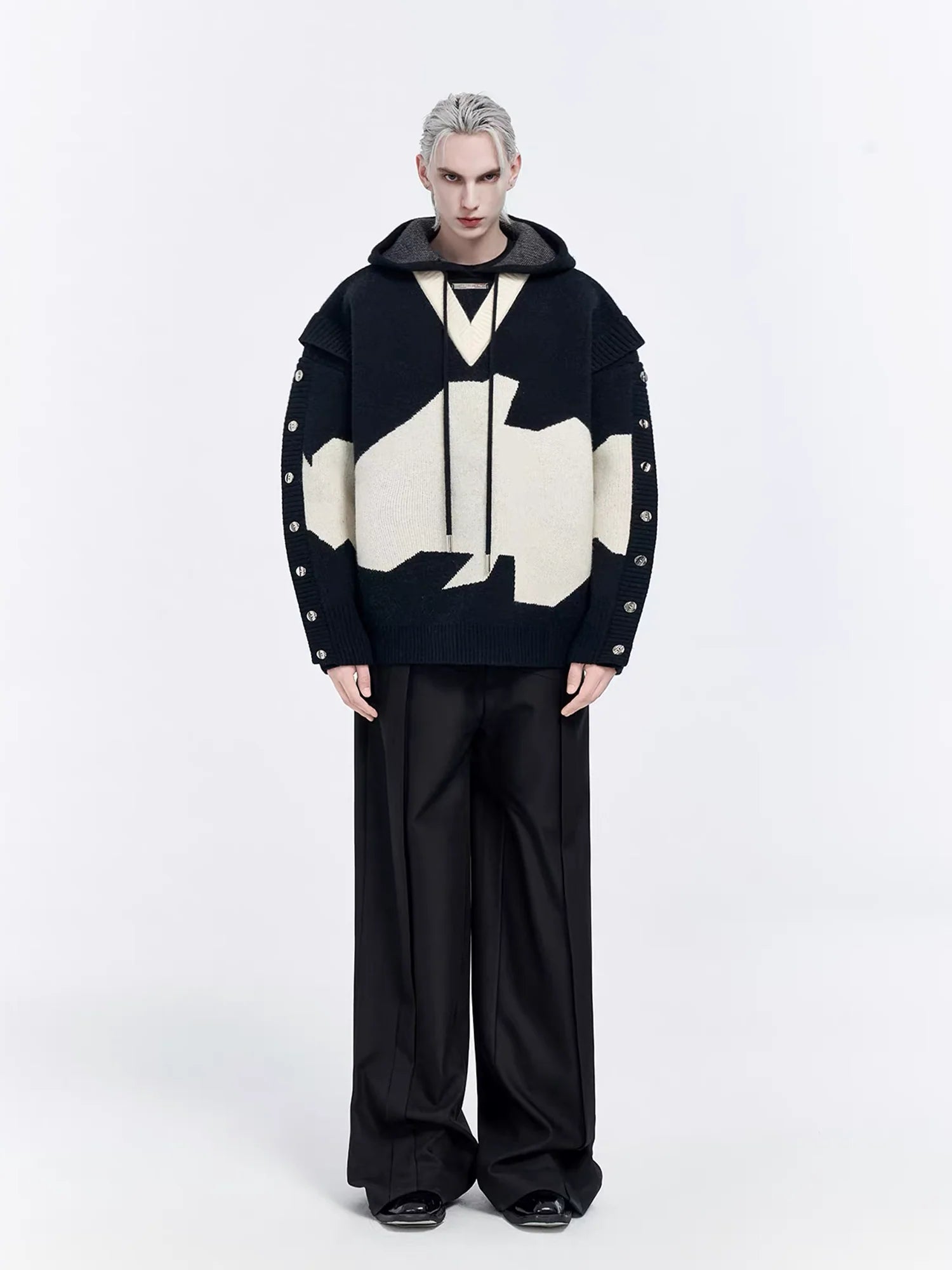 TIWILLTANG Contrast Layered Snap-Sleeves Knit Hoodie