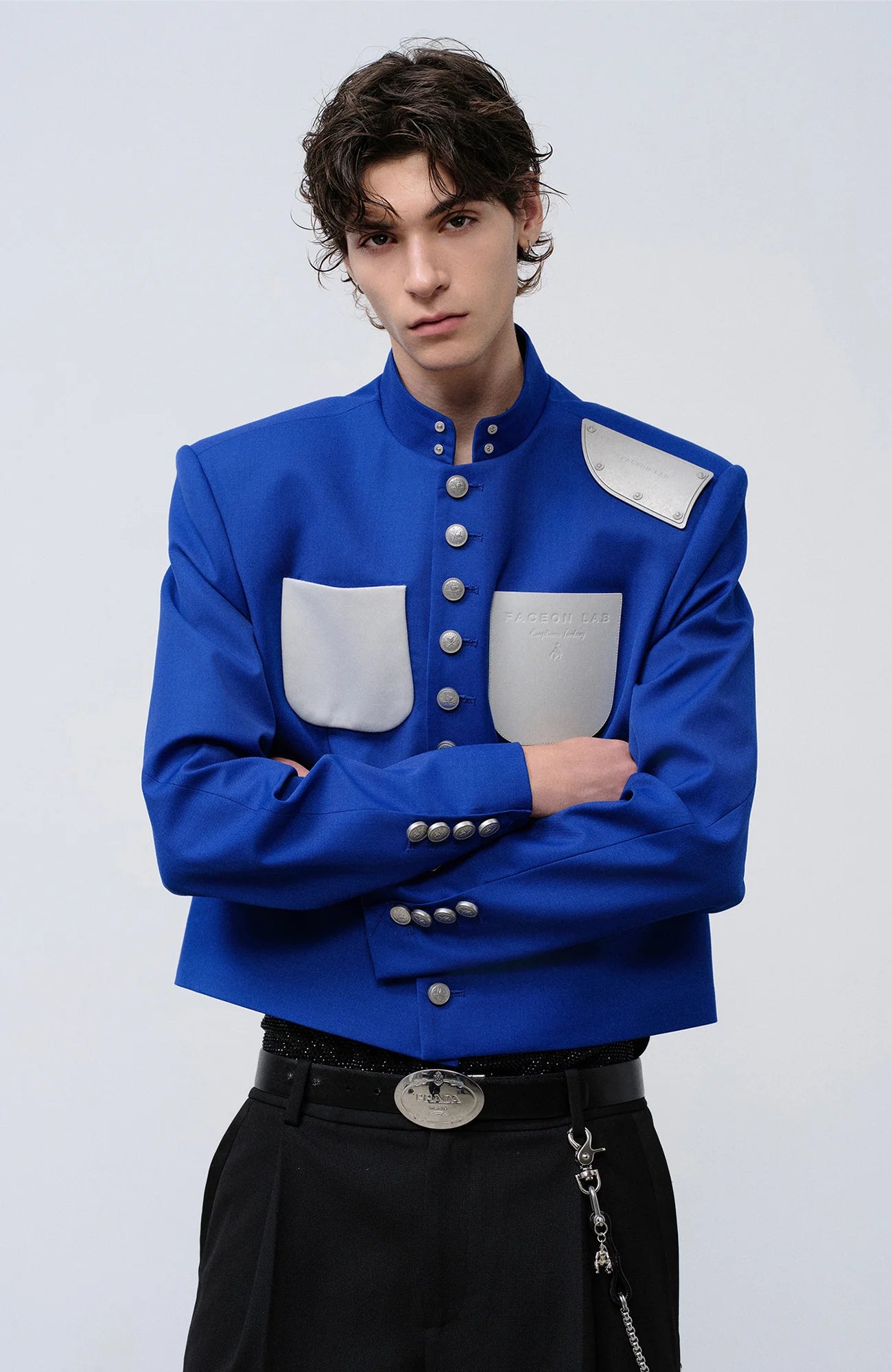 FACEONLAB Stand-Collar Metal-Shoulder Blazer Blue