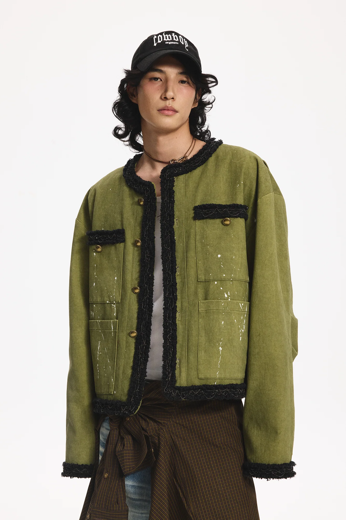 LEONSENSE Paneled Fleece Trim Paint-Splattered Jacket