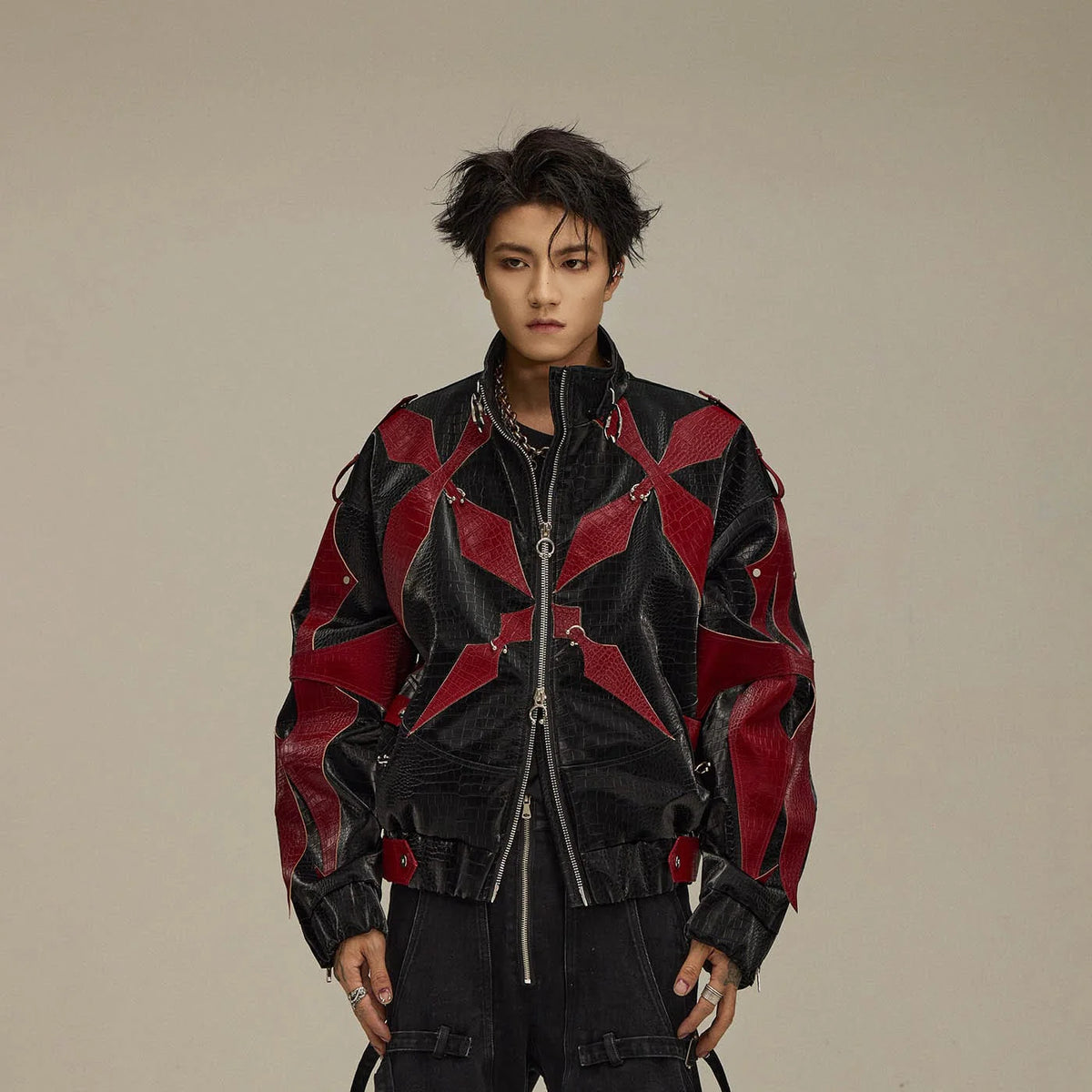FLYERRER Four-Pointed Star Rivet Faux Feather Biker Jacket Red