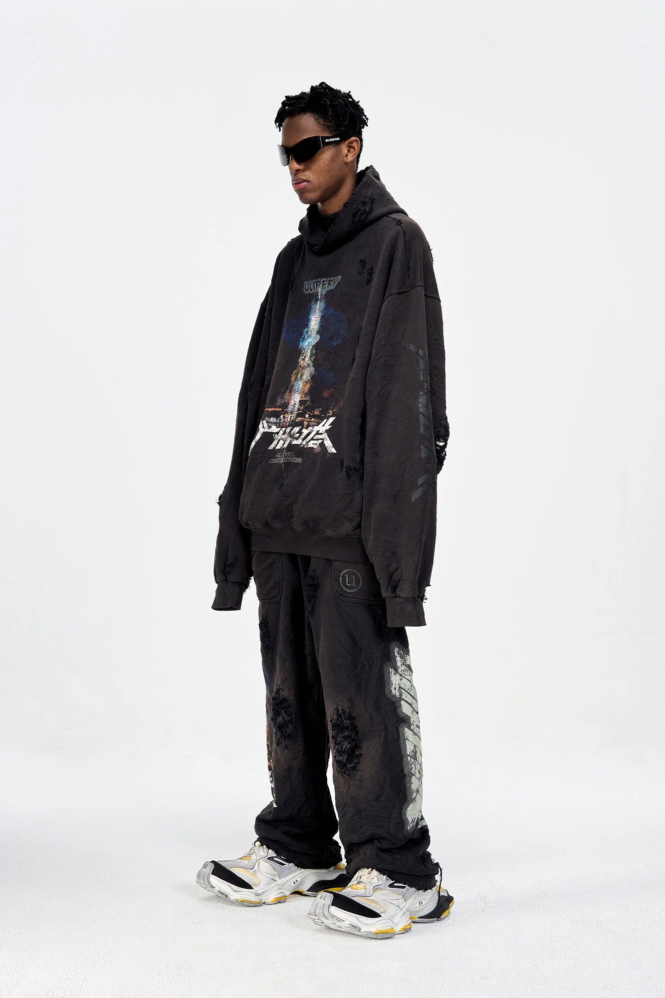 ULIPERY Distressed Glow Crinkled Hoodie