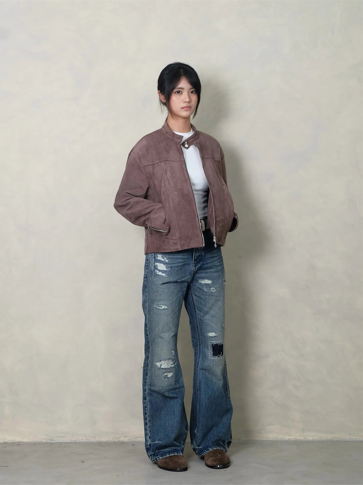 IN EXISTENCE Paneled Faux Suede Rivet Biker Jacket