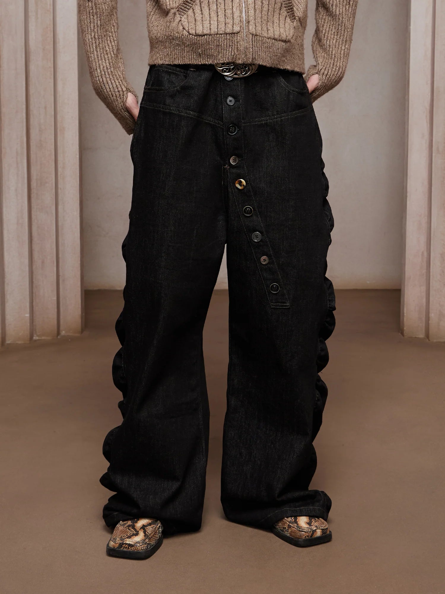 DND4DES Asym Button-Fly Ruched Baggy Jeans