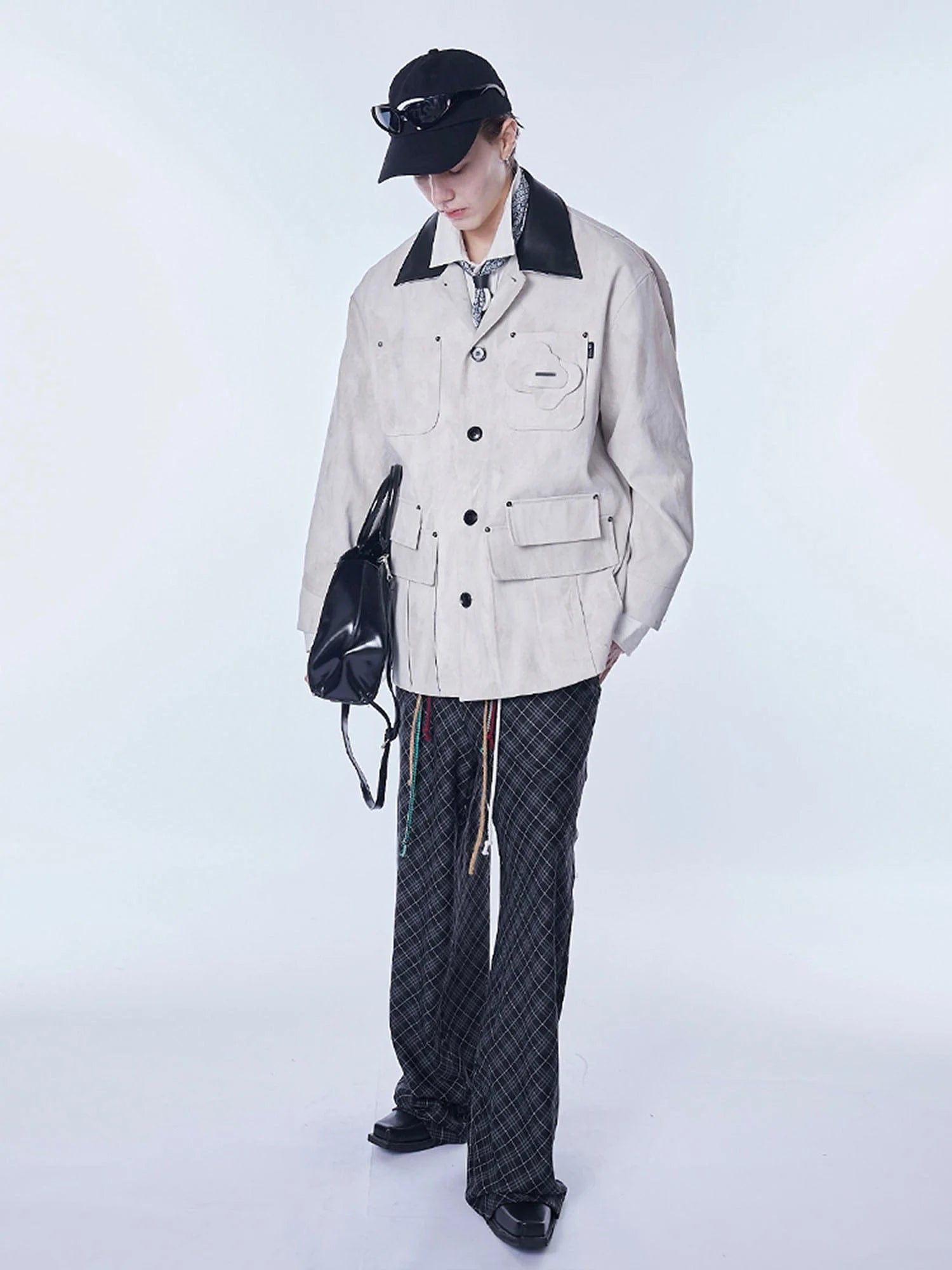 ASSEEN Distressed Panel Leather Collar Barn Jacket