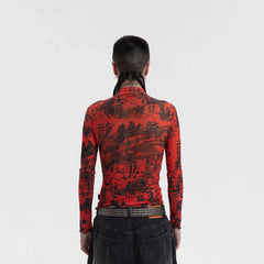 RTVG Calligraphy Full-Print Turtleneck Slim L/S Tee