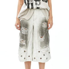 VANN VALRENCE Distressed Gradient Grommet Capris Shorts