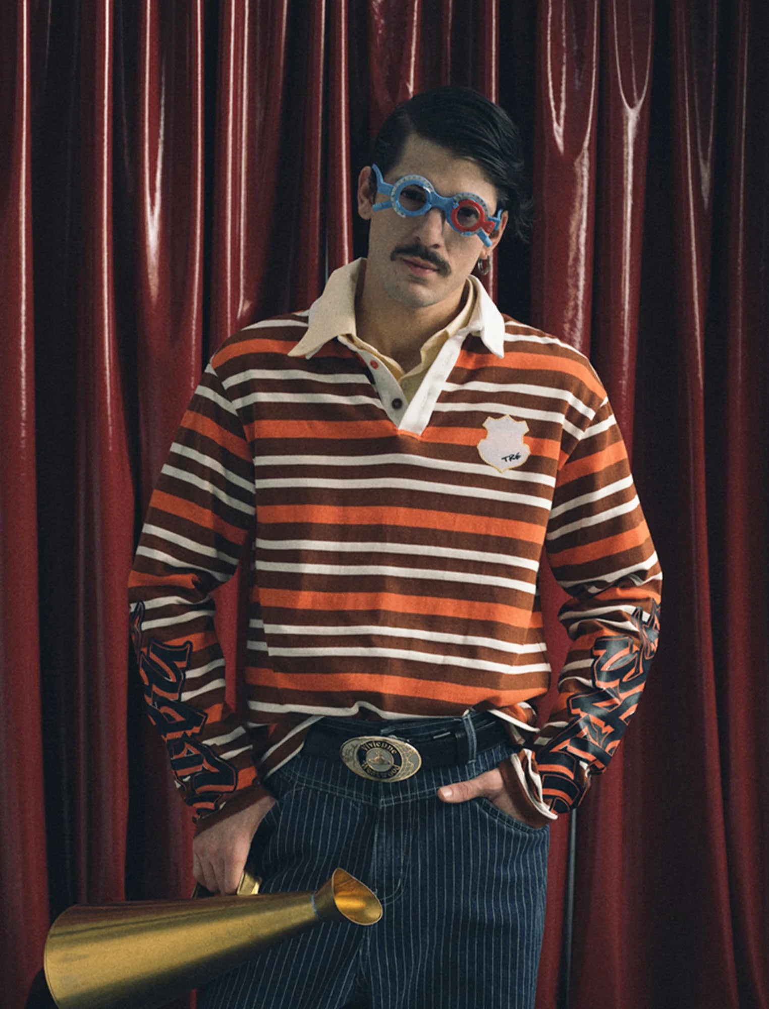 TRECLUB Badge Patch Graphic-Sleeves Striped Long-Sleeve Polo