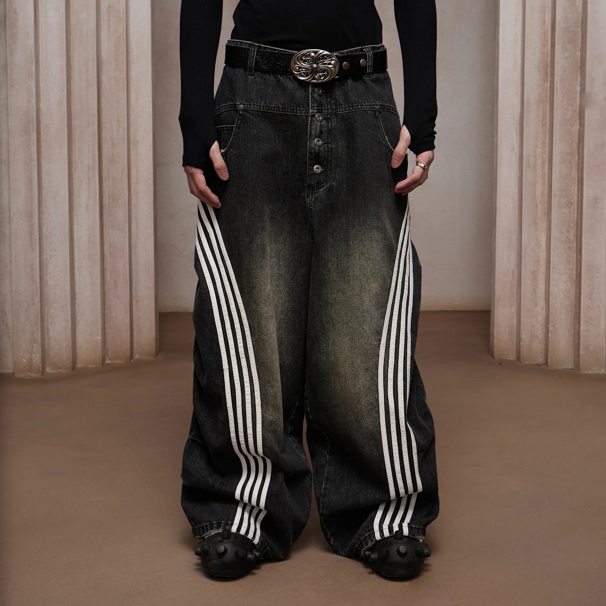 DND4DES Washed Ruched Striped Baggy Jeans