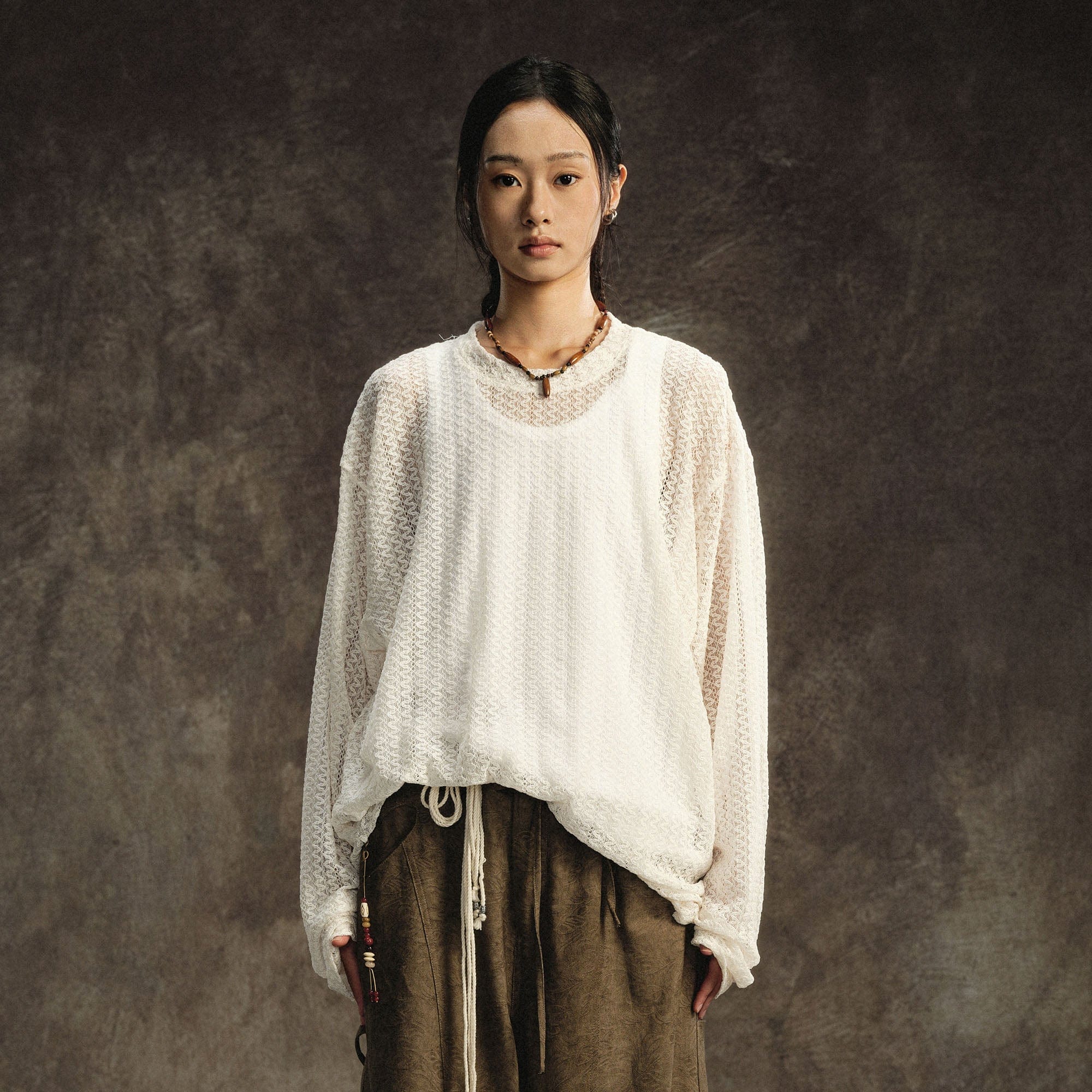 GONGHE REPUB Lightweight Wave-Knitted Openwork Long-Sleeve Tee