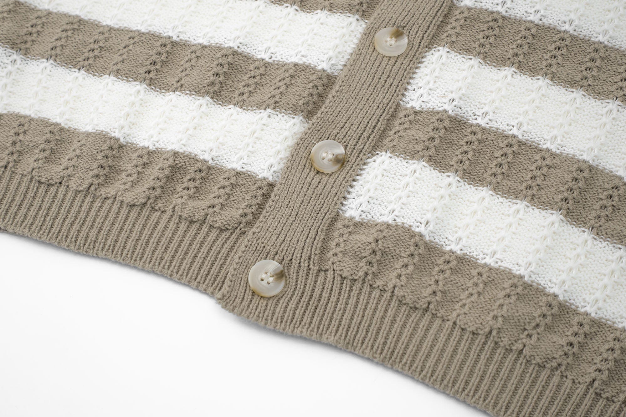 IN EXISTENCE Striped Openwork Jacquard Knitted Polo Cardigan