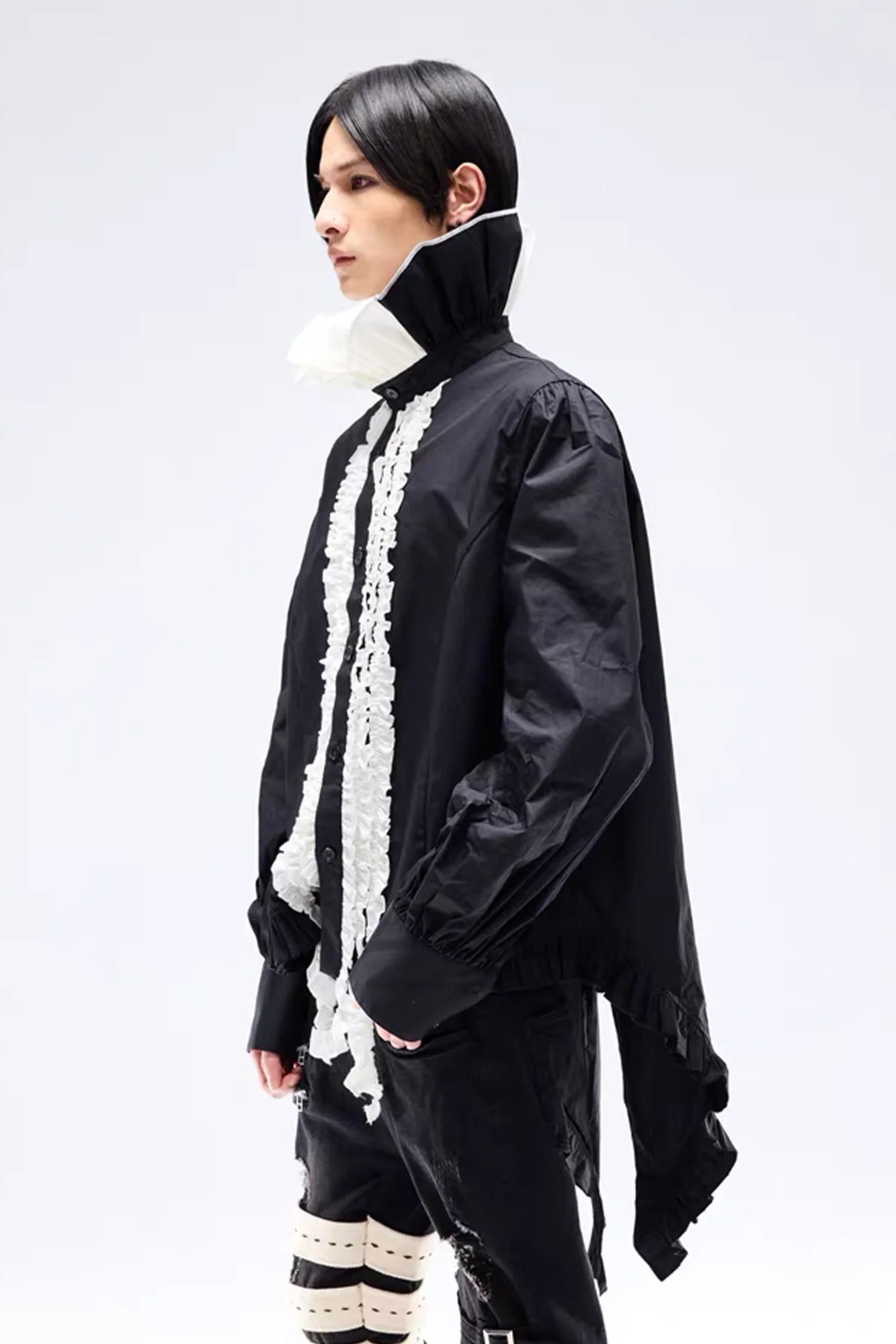 NOTHINGNESS WORLD Ruffle Bib Handkerchief-Hem Oversized Shirt