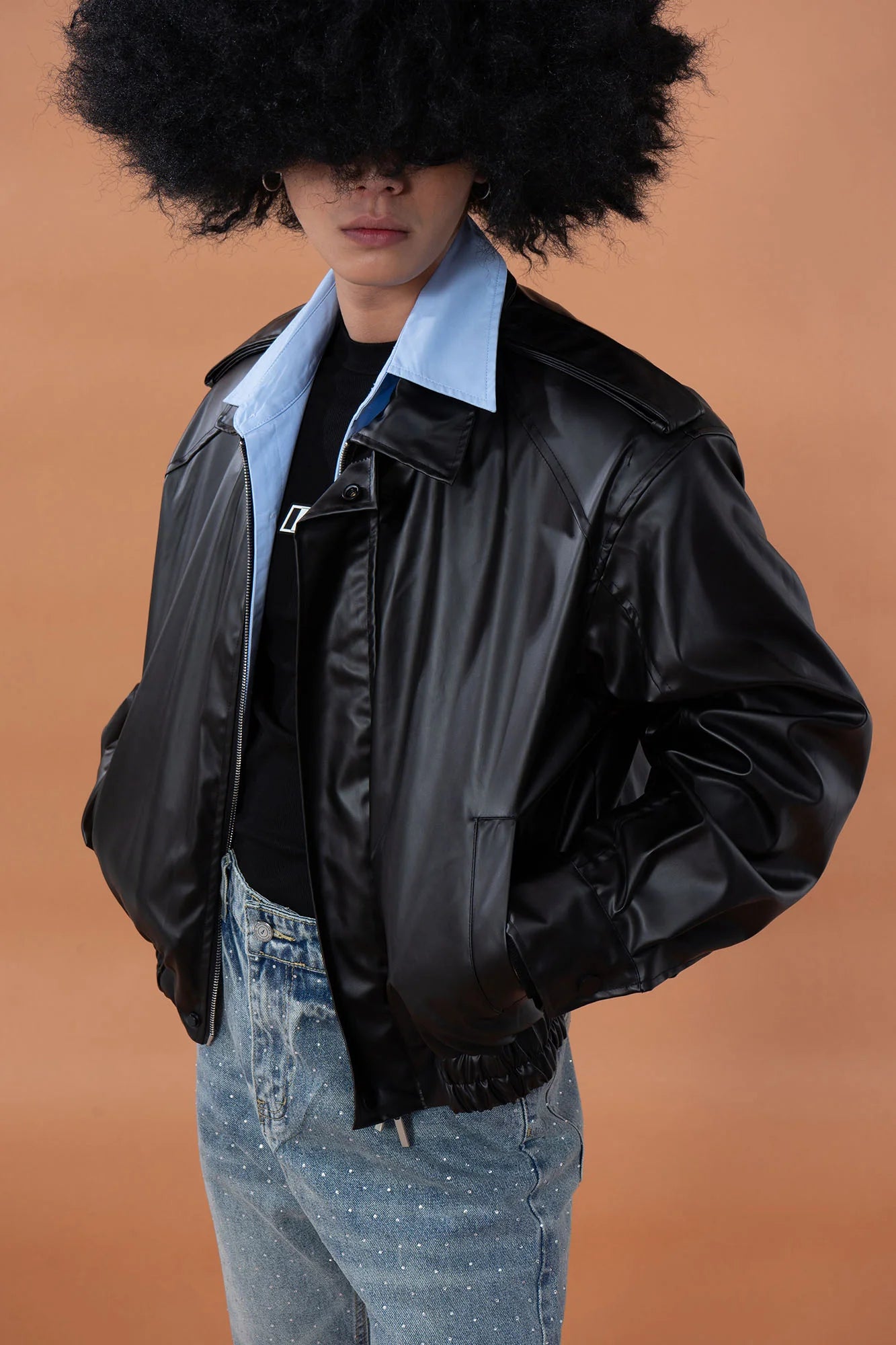 CLP Contrast Layer PU Cropped Moto Jacket