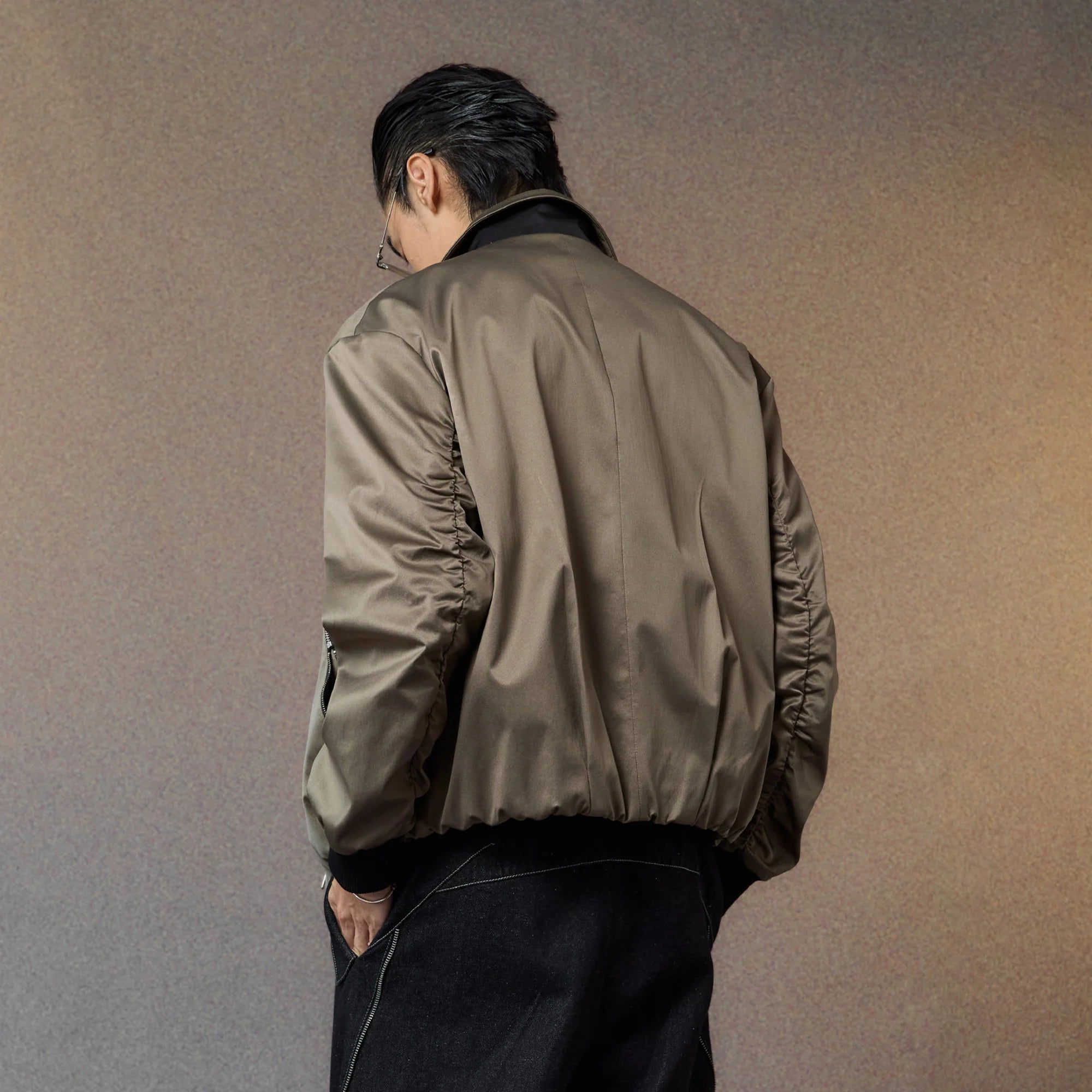 ALVNG AR ANTS Ruched-Sleeve Dual-Zips Bomber Jacket