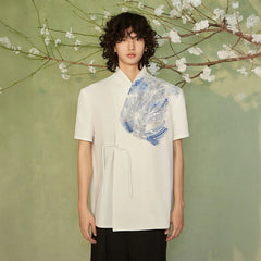 JIECHI Seascape Koi Embroidered Asymmetrical Half Shirt