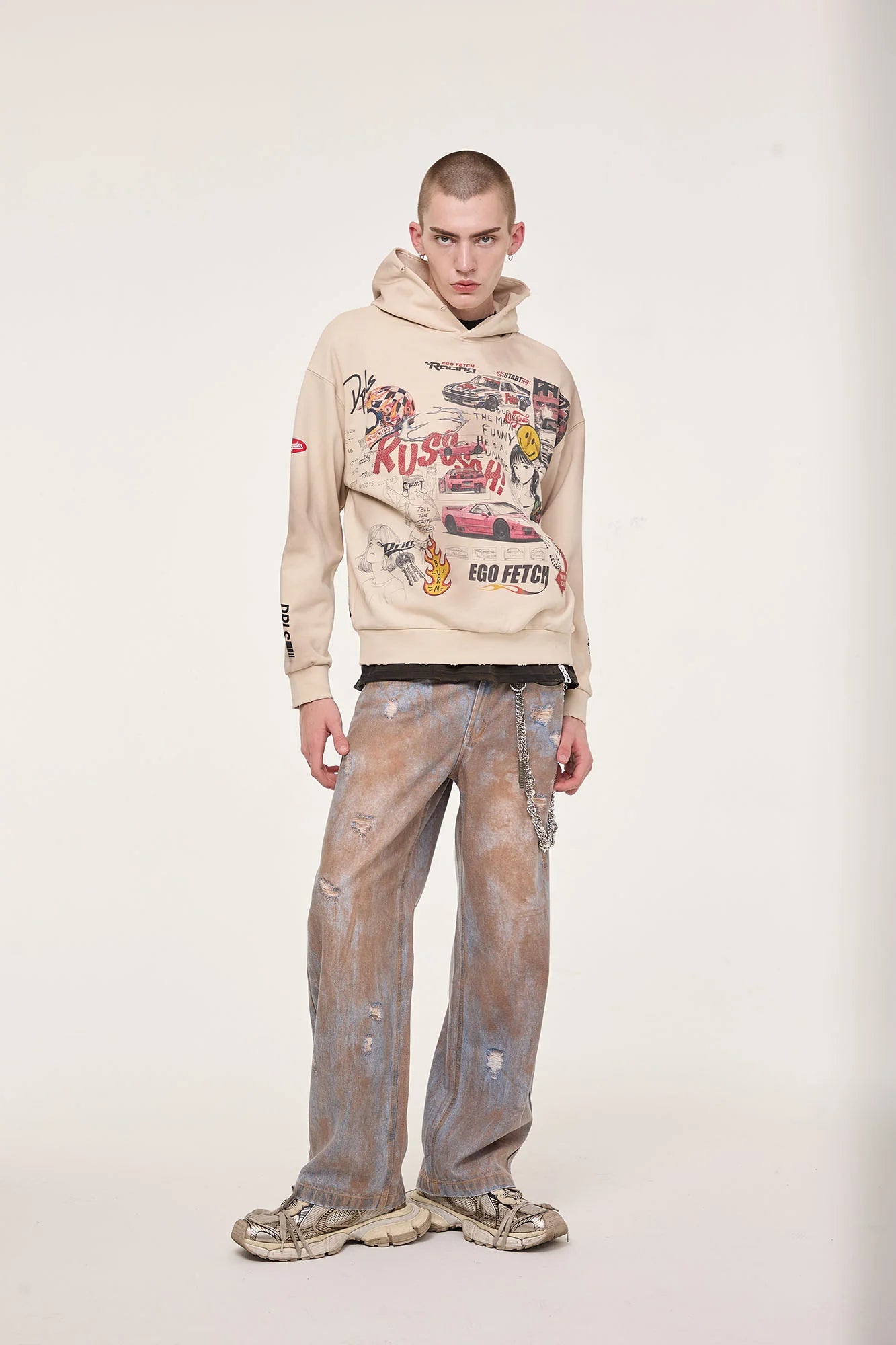 EGOFETCH Distressed Racing Anime Graphic Hoodie