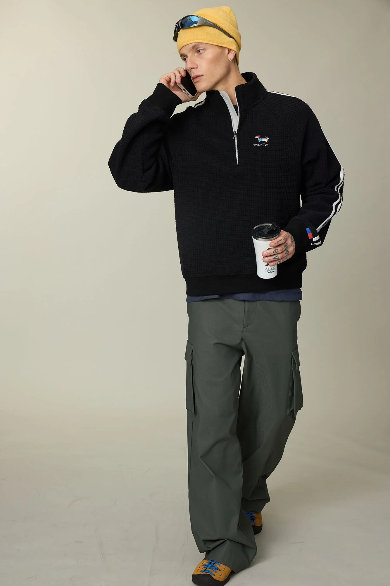 UMAMIISM Waffle Side Stripe Embroidered Half-Zip Pullover