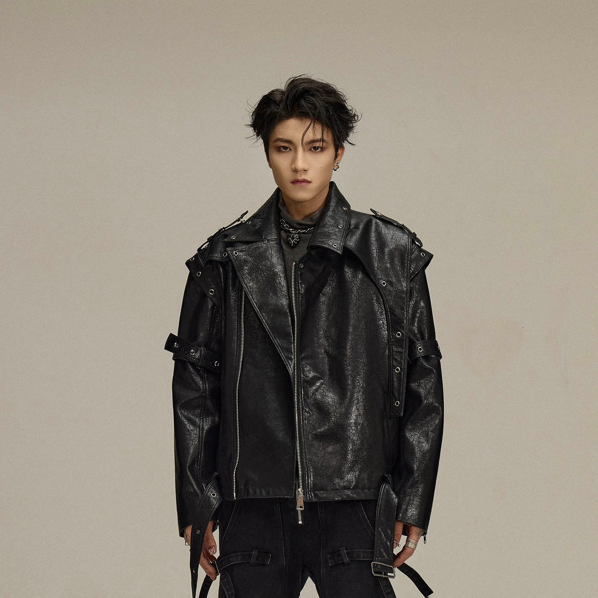FLYERRER Asymmetrical Hoop-Hole Faux Leather Jacket