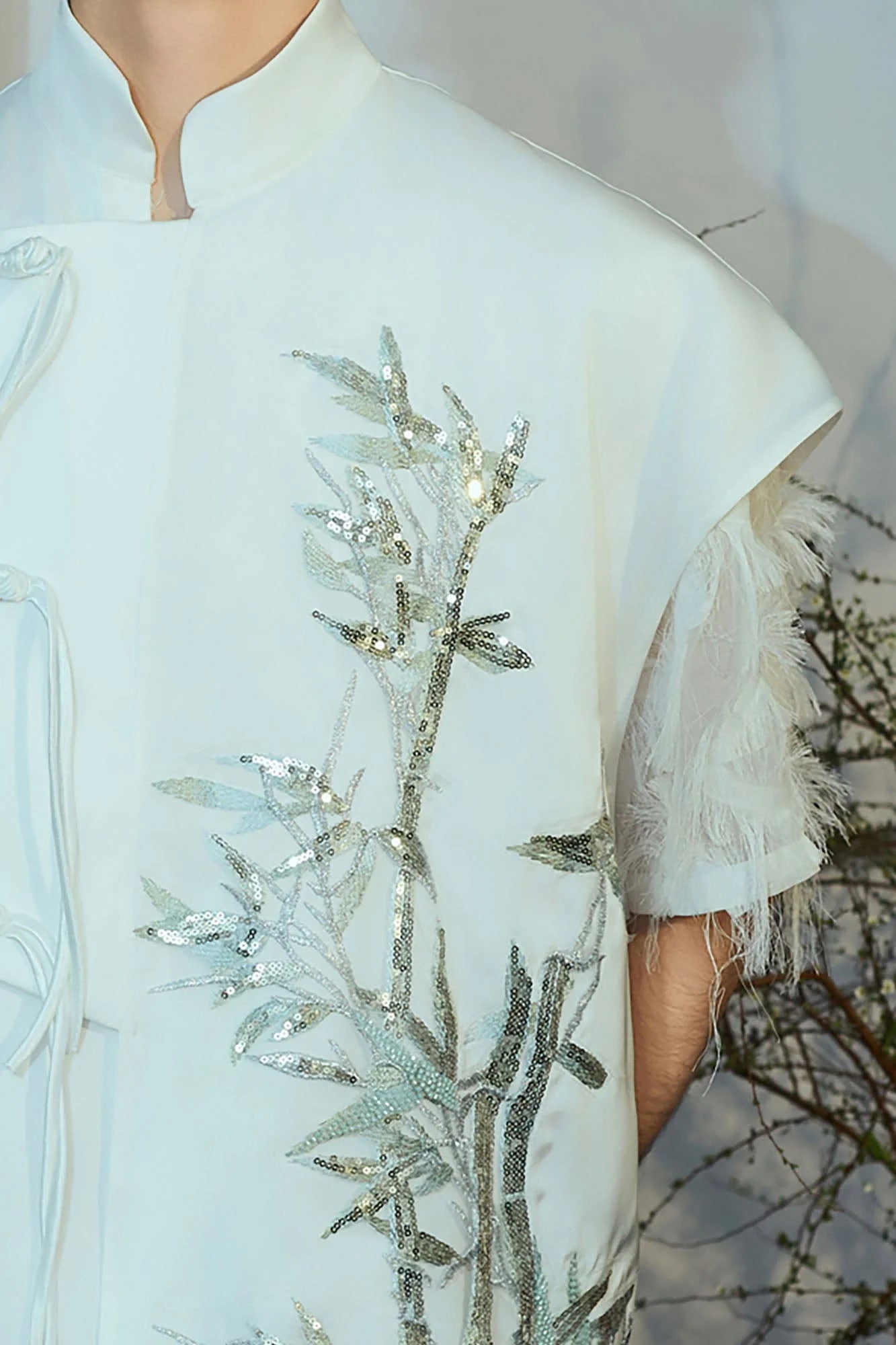 JIECHI Embroidered Bamboo Layered Mandarin Collar Half Shirt