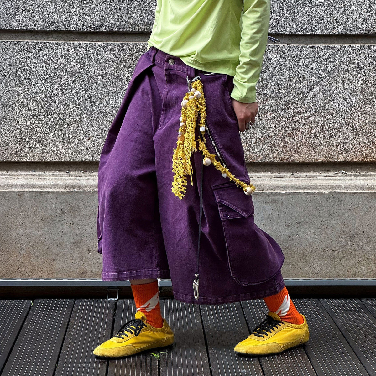 RELABEL Detachable Scarf Washed Multi-Pocket Wide-Leg Shorts Purple