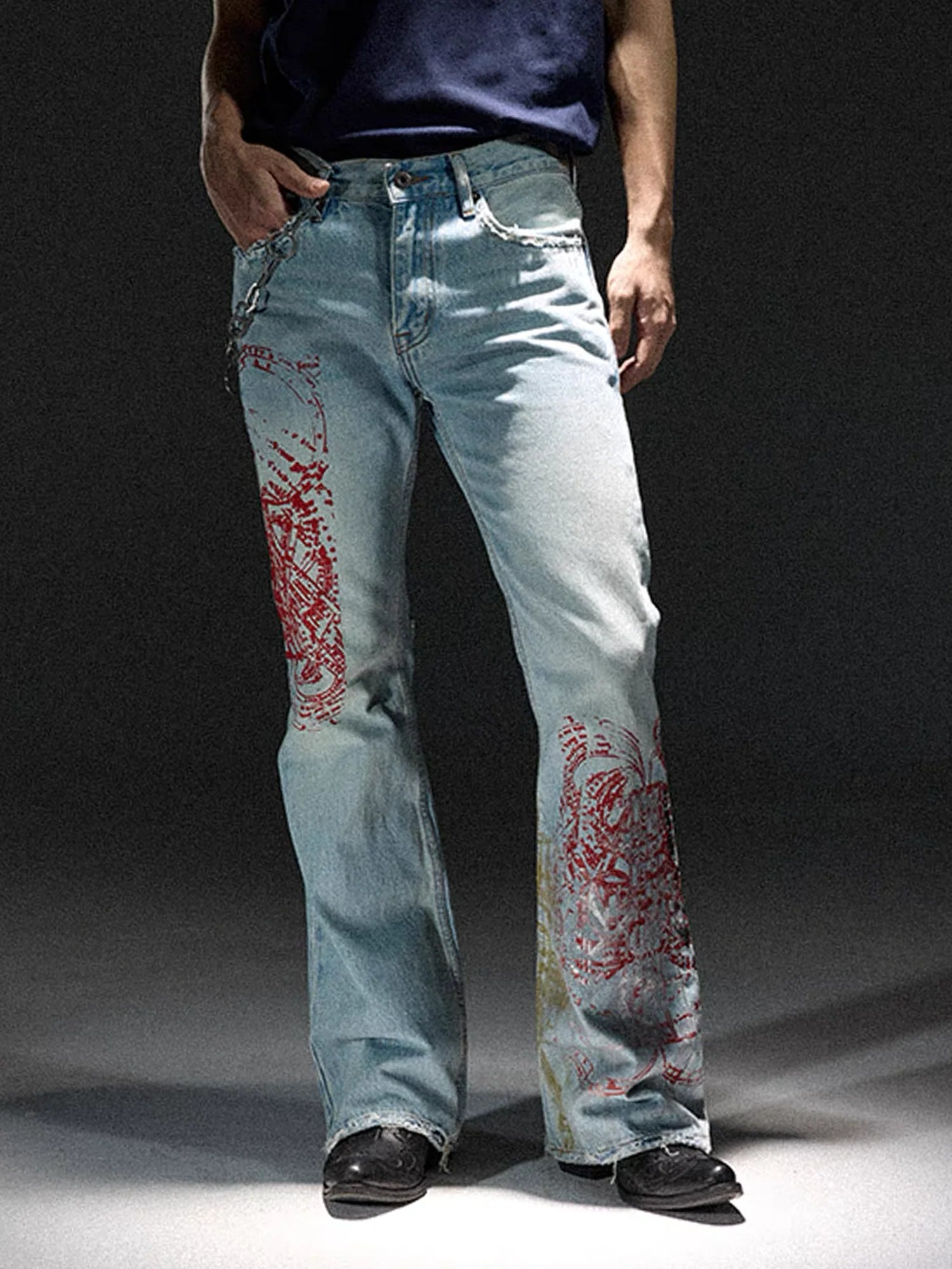 NOTHINGNESS WORLD Distressed Stamp-Print Flare Jeans