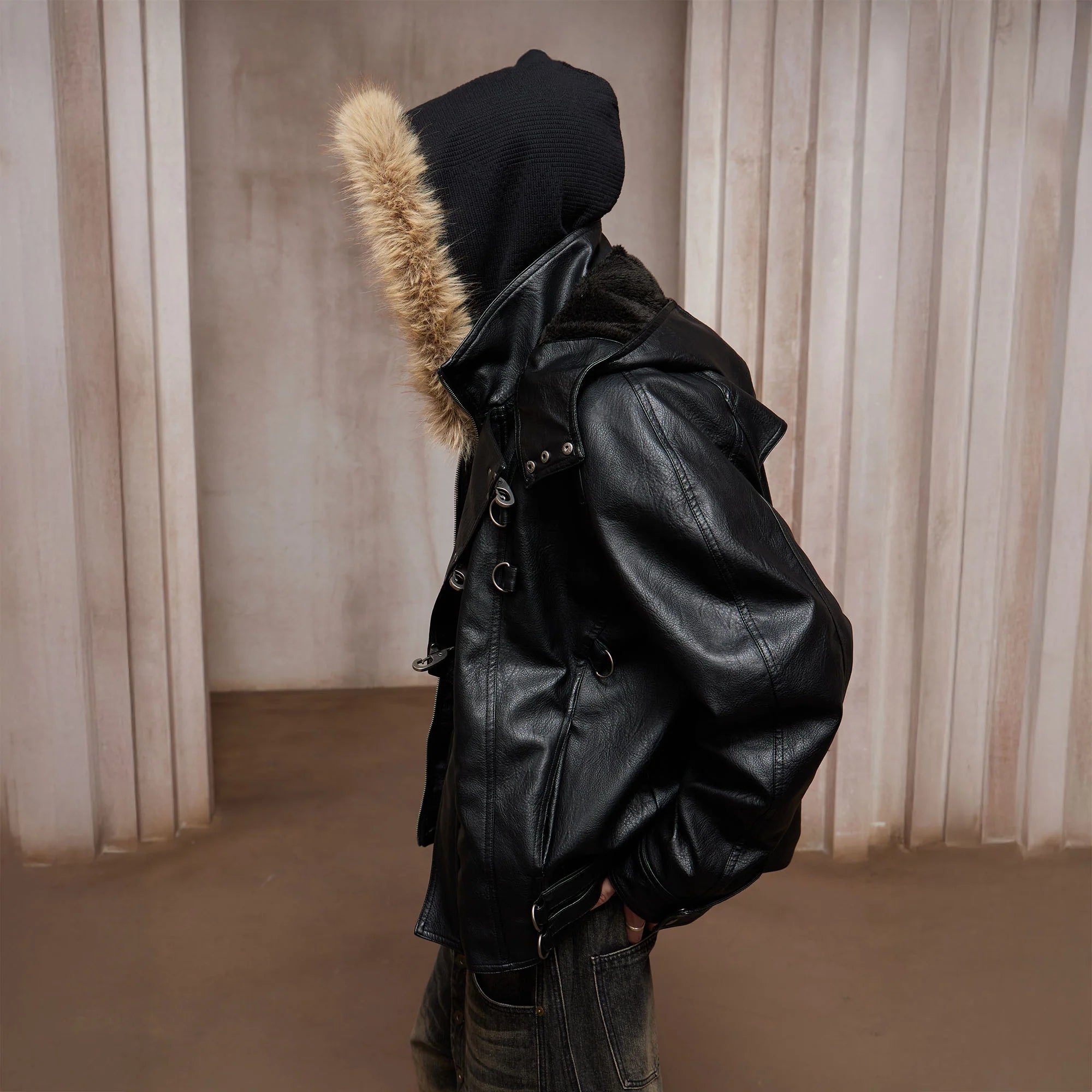 DND4DES Retro Buckle Faux Leather Hooded Jacket
