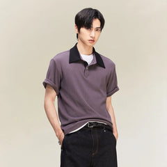 ALVNG AR ANTS Contrast Collar Waffle Knit Polo Shirt